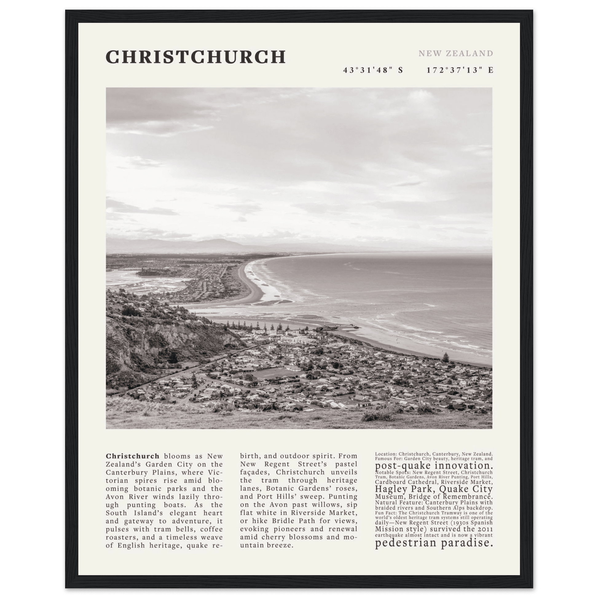 Christchurch New Zealand Poster Black and White – Vintage Garden City Panorama Print - Evergreen Posters