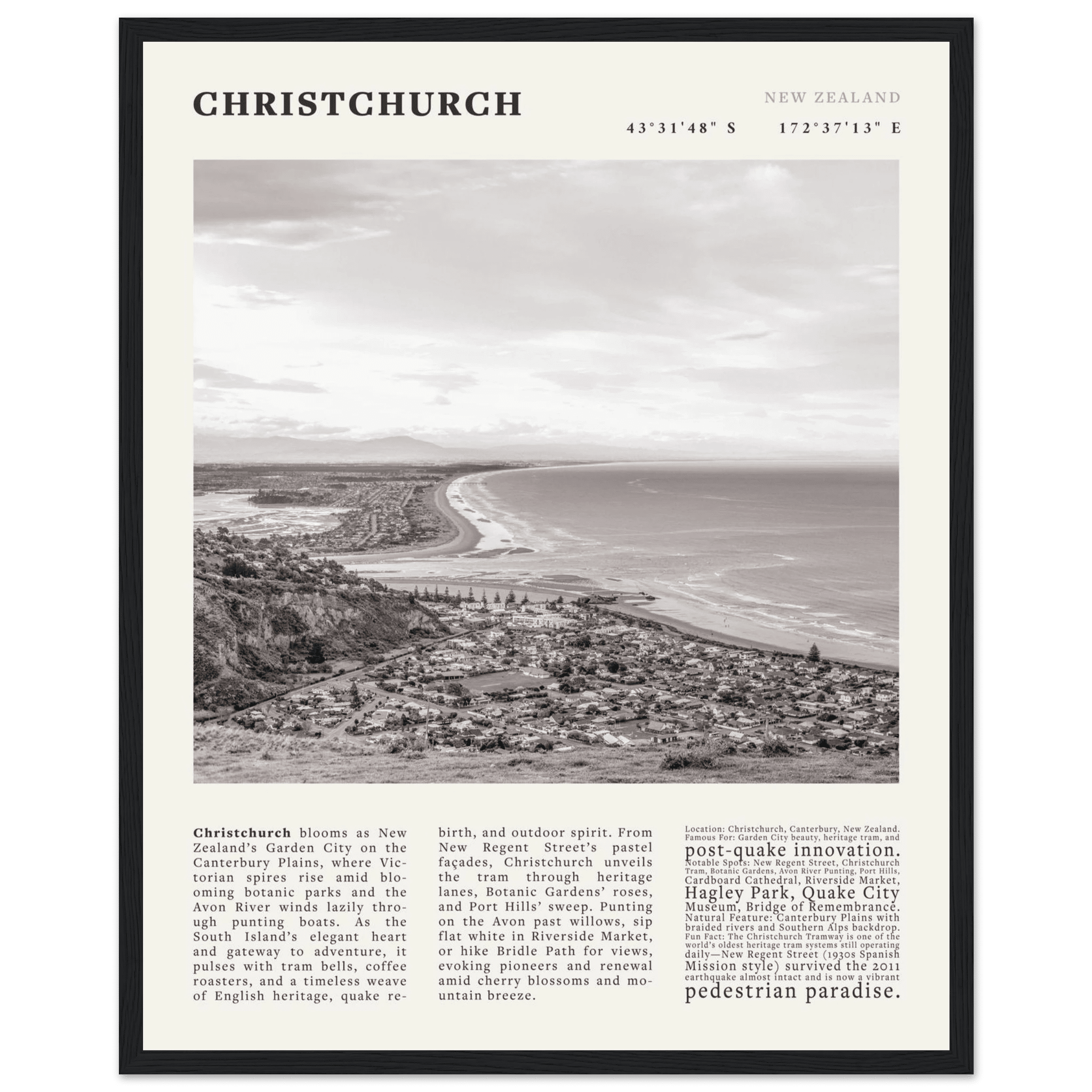 Christchurch New Zealand Poster Black and White – Vintage Garden City Panorama Print - Evergreen Posters