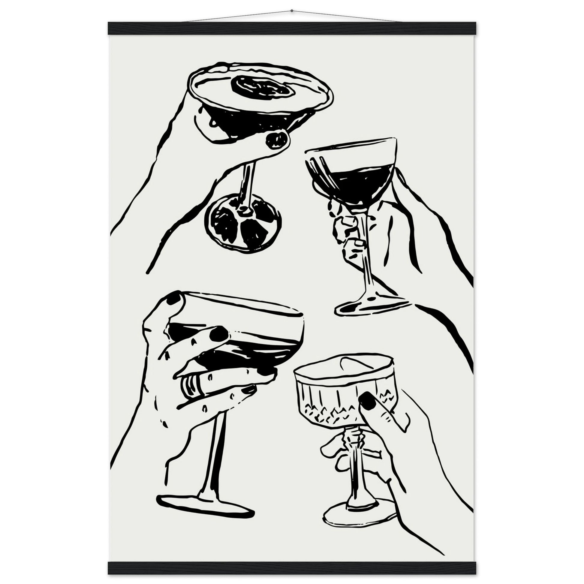 Cheers Print | Black Line Art Cocktail Glasses Wall Art | Kitchen Bar Poster - Evergreen Posters