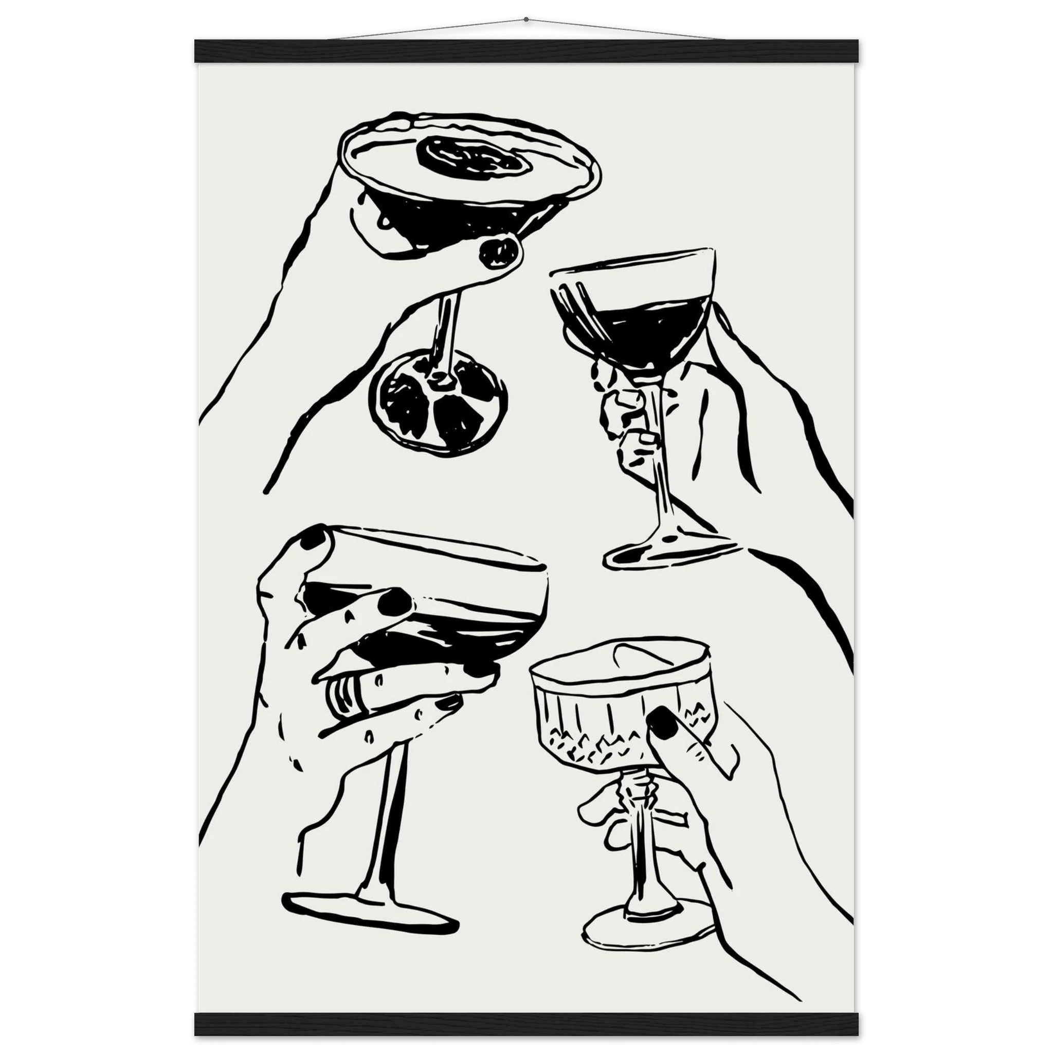 Cheers Print | Black Line Art Cocktail Glasses Wall Art | Kitchen Bar Poster - Evergreen Posters
