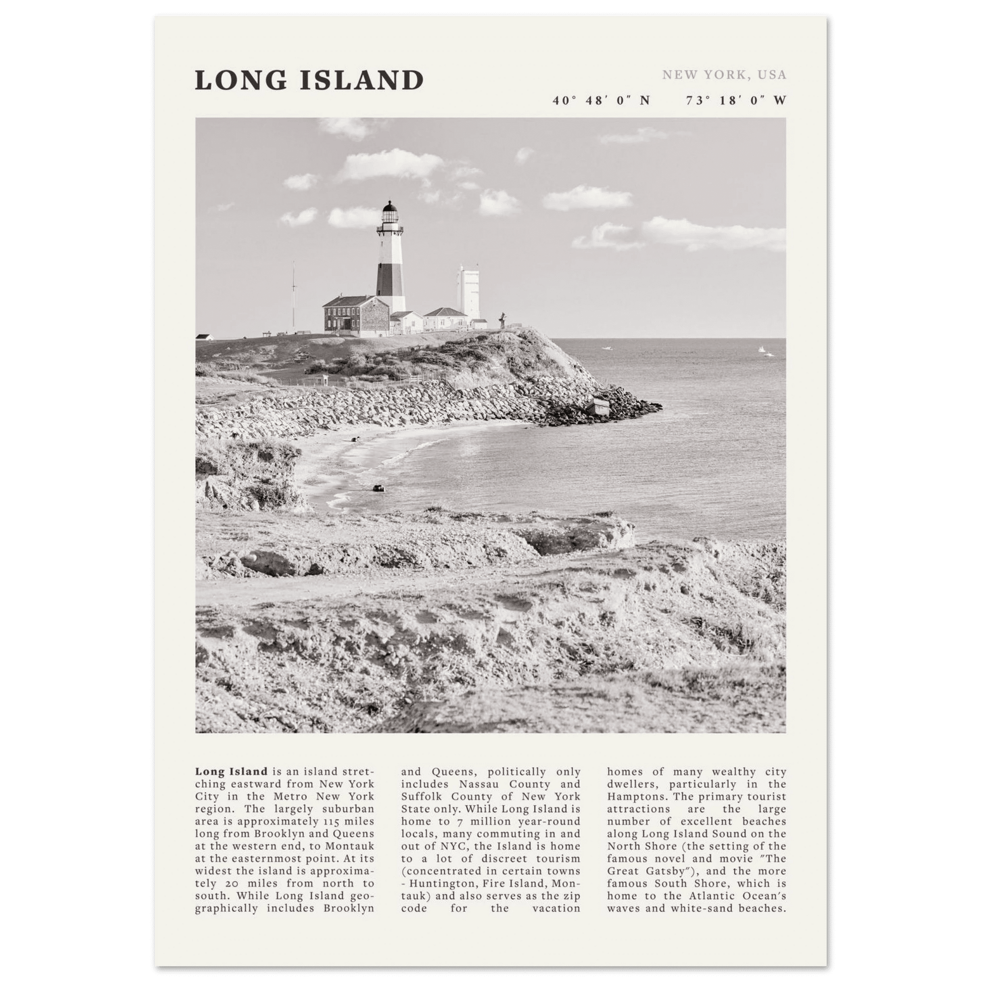 Long Island Poster | Black & White Montauk Lighthouse Wall Art | New York Print - Evergreen Posters