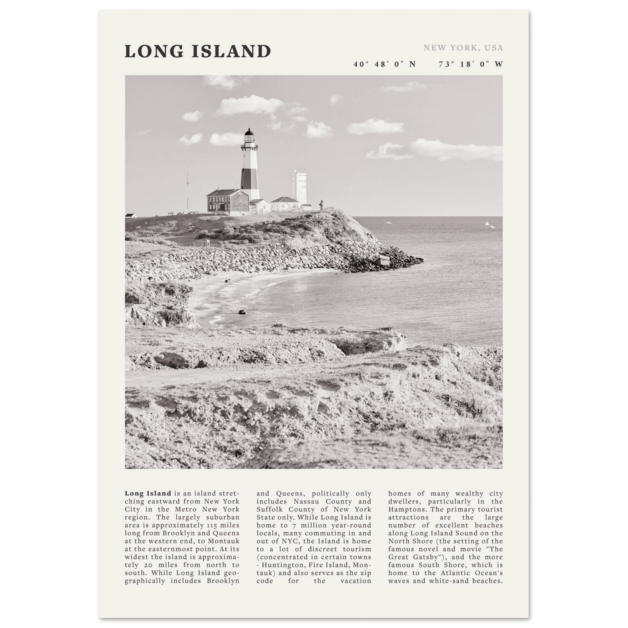 Long Island Poster | Black & White Montauk Lighthouse Wall Art | New York Print - Evergreen Posters