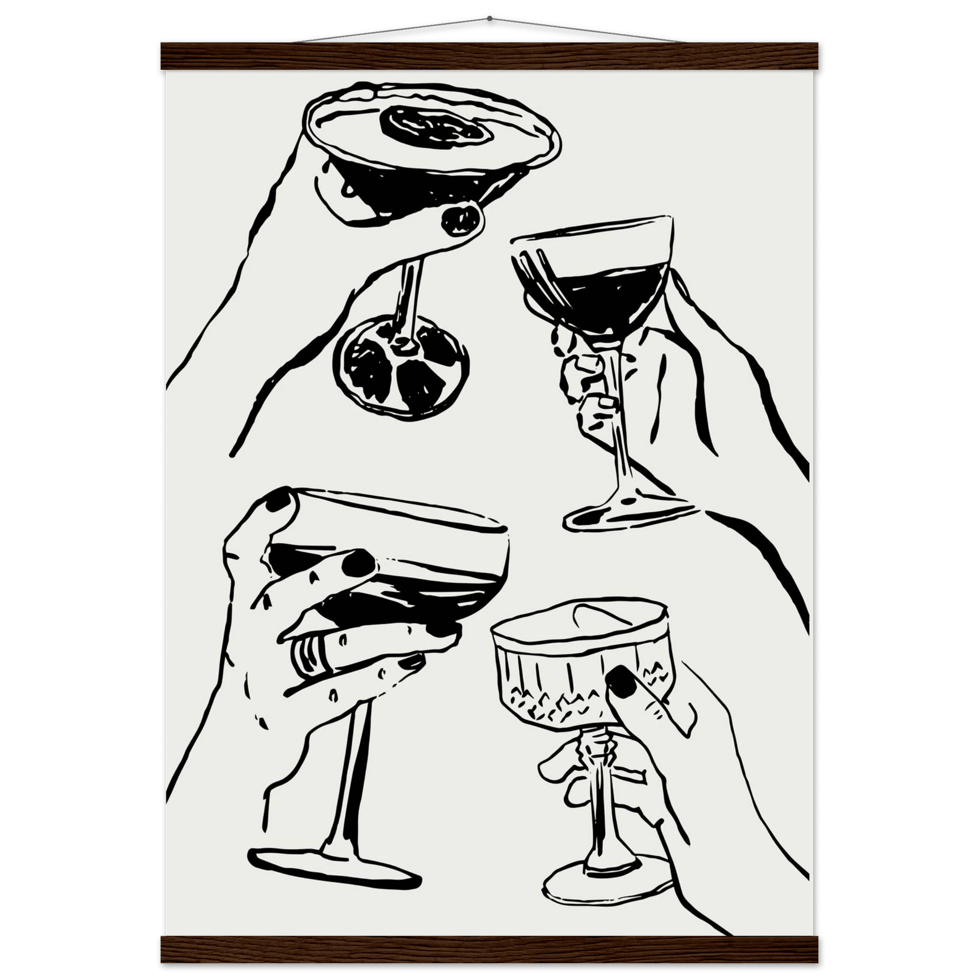 Cheers Print | Black Line Art Cocktail Glasses Wall Art | Kitchen Bar Poster - Evergreen Posters
