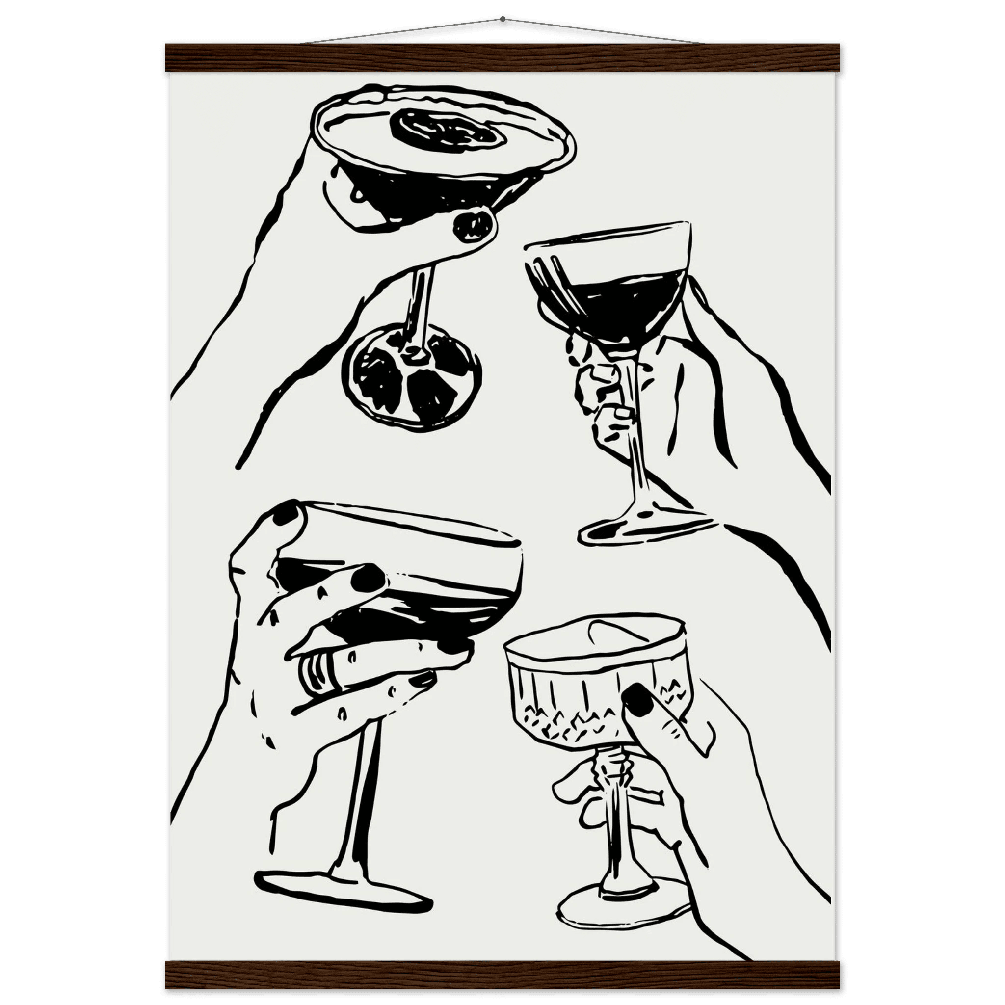 Cheers Print | Black Line Art Cocktail Glasses Wall Art | Kitchen Bar Poster - Evergreen Posters