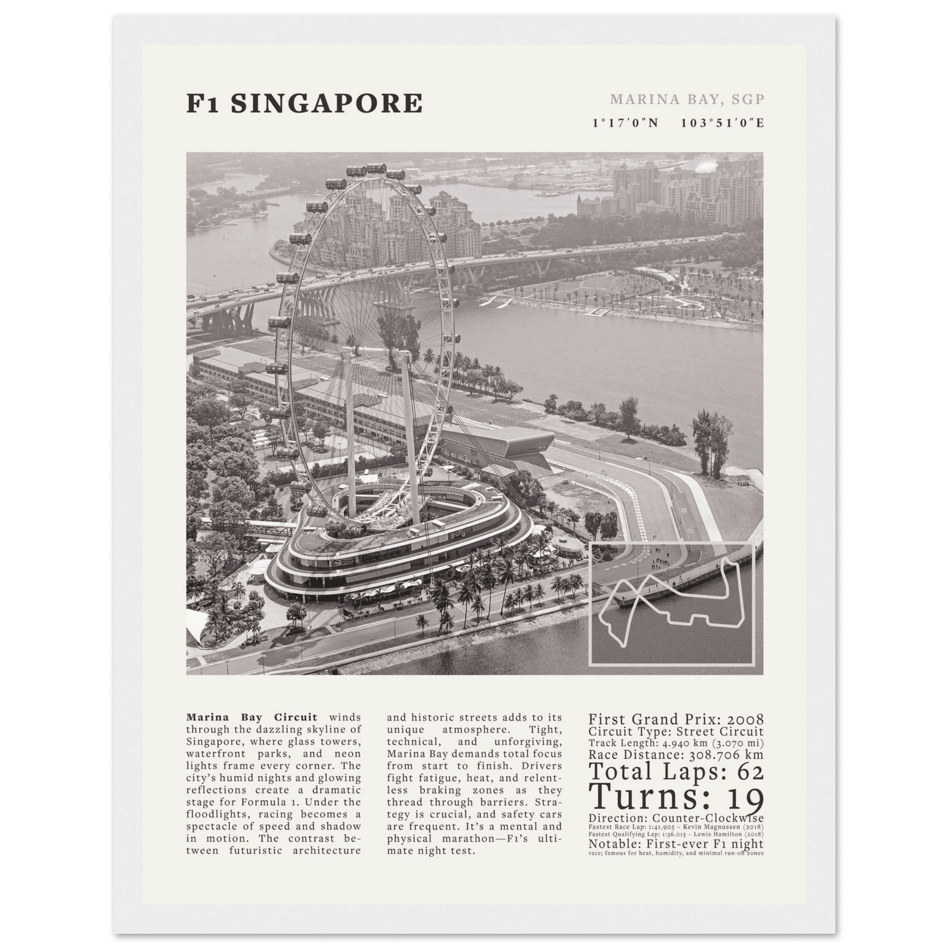 F1 Singapore Poster Black and White – Vintage Marina Bay Night Race Print (Digital & Printed Options) - Evergreen Posters
