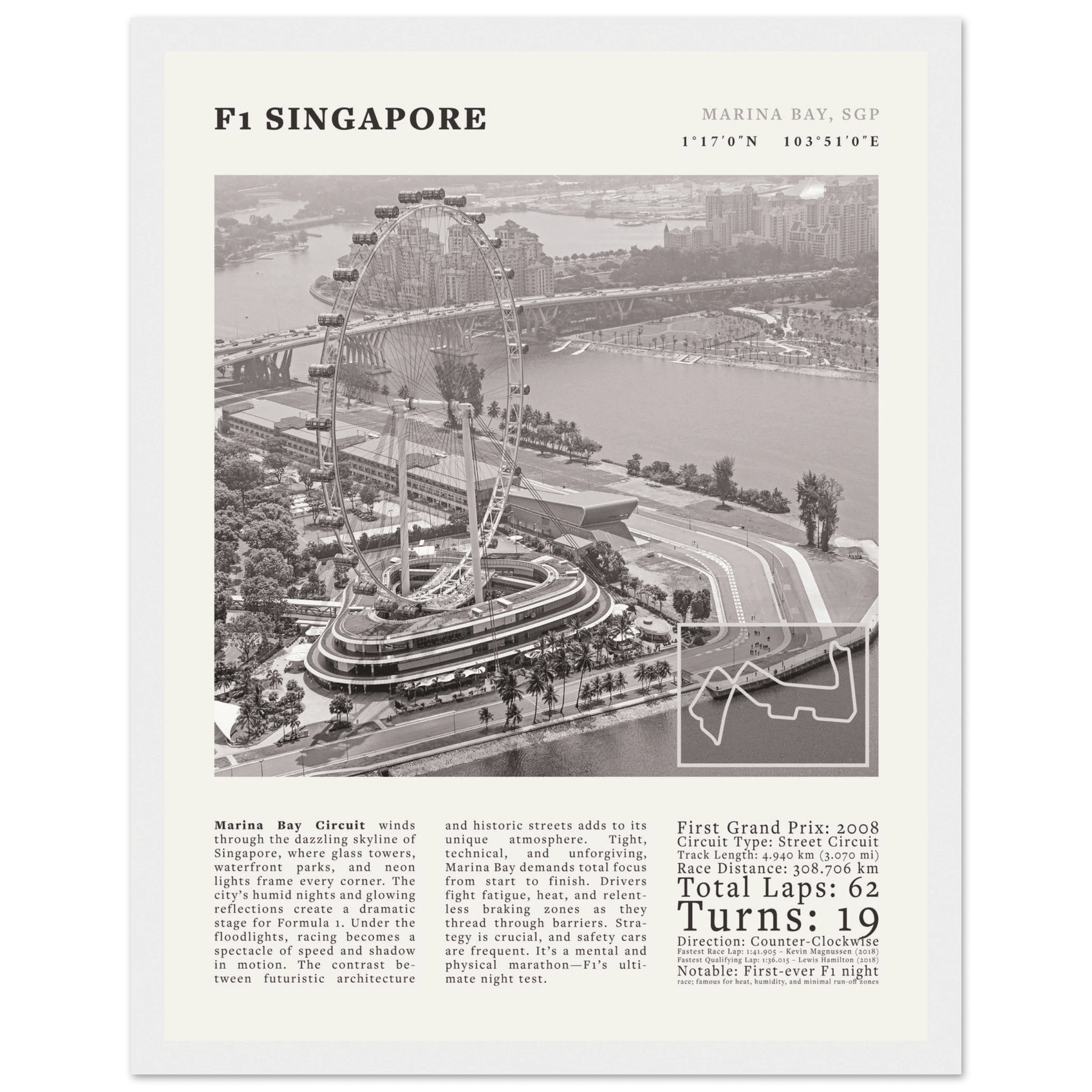 F1 Singapore Poster Black and White – Vintage Marina Bay Night Race Print (Digital & Printed Options) - Evergreen Posters