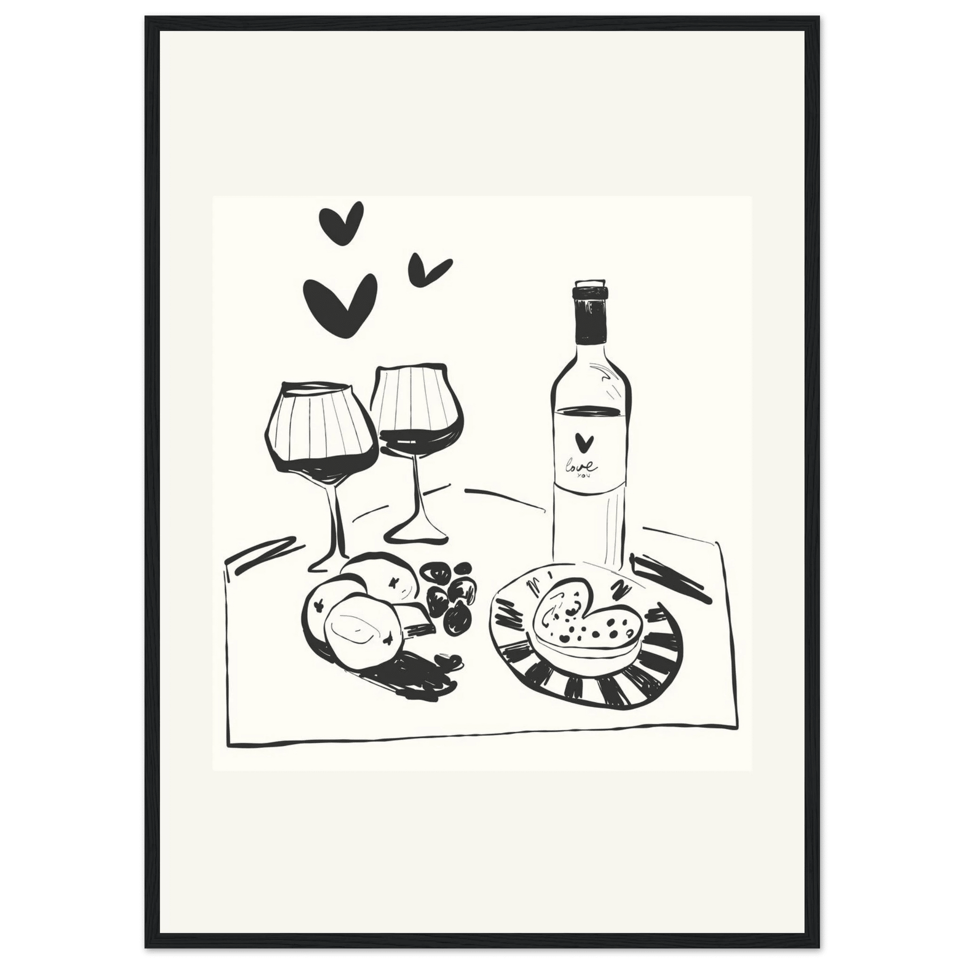 Wine for Two Print | Black Line Art Romantic Kitchen Wall Art | Couples Poster - Evergreen Posters