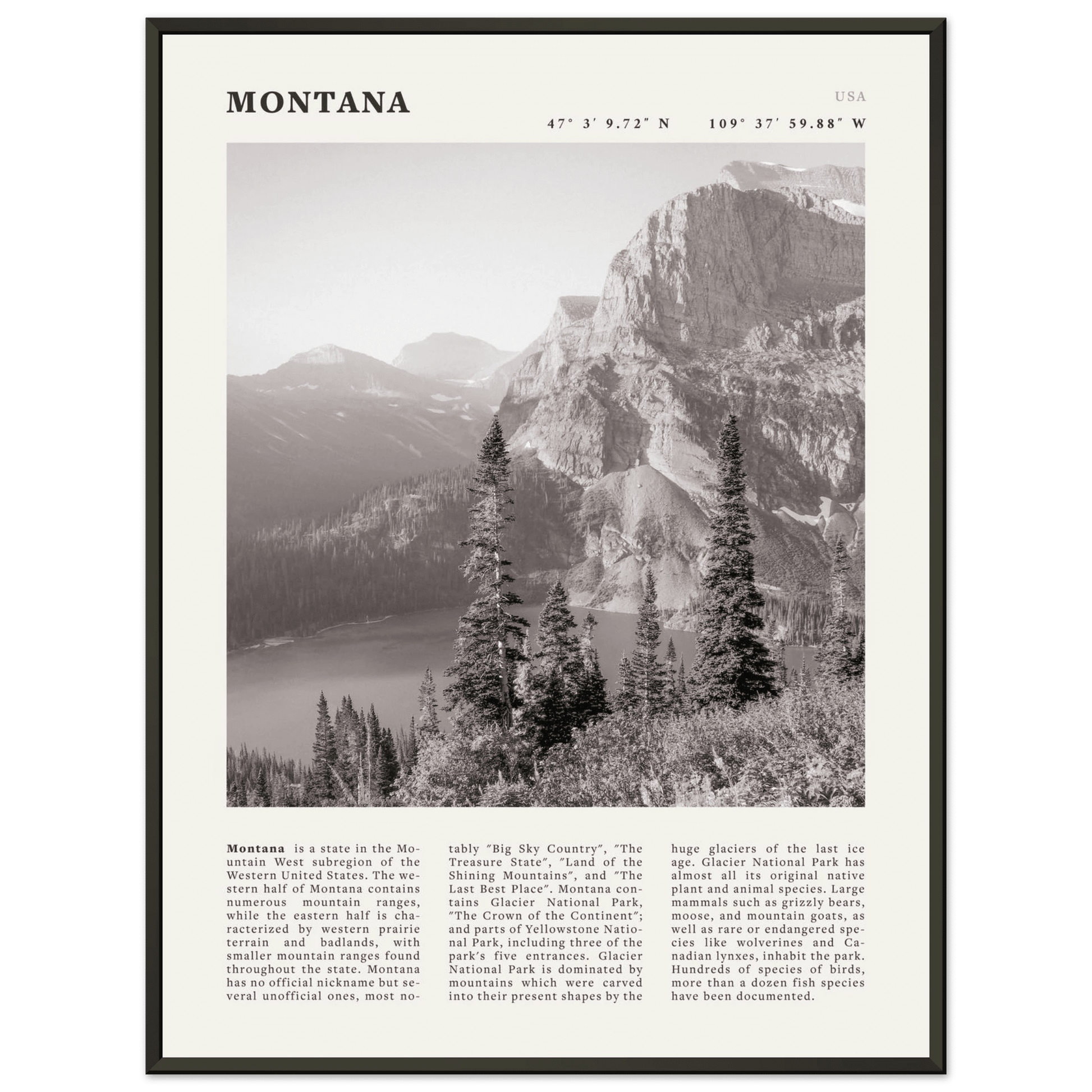 Montana Poster | Black & White Glacier National Park Wall Art | Nature Travel Print - Evergreen Posters