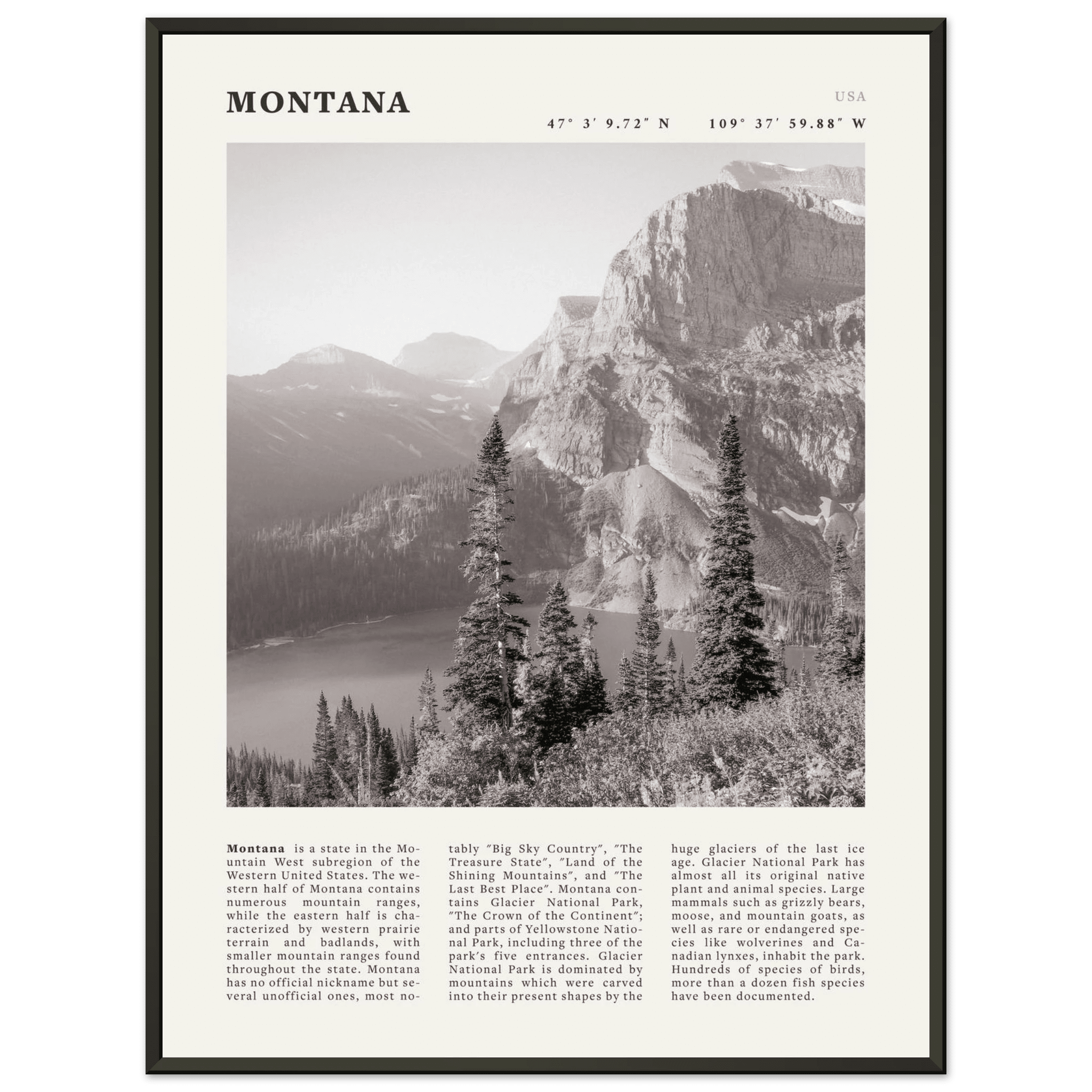 Montana Poster | Black & White Glacier National Park Wall Art | Nature Travel Print - Evergreen Posters