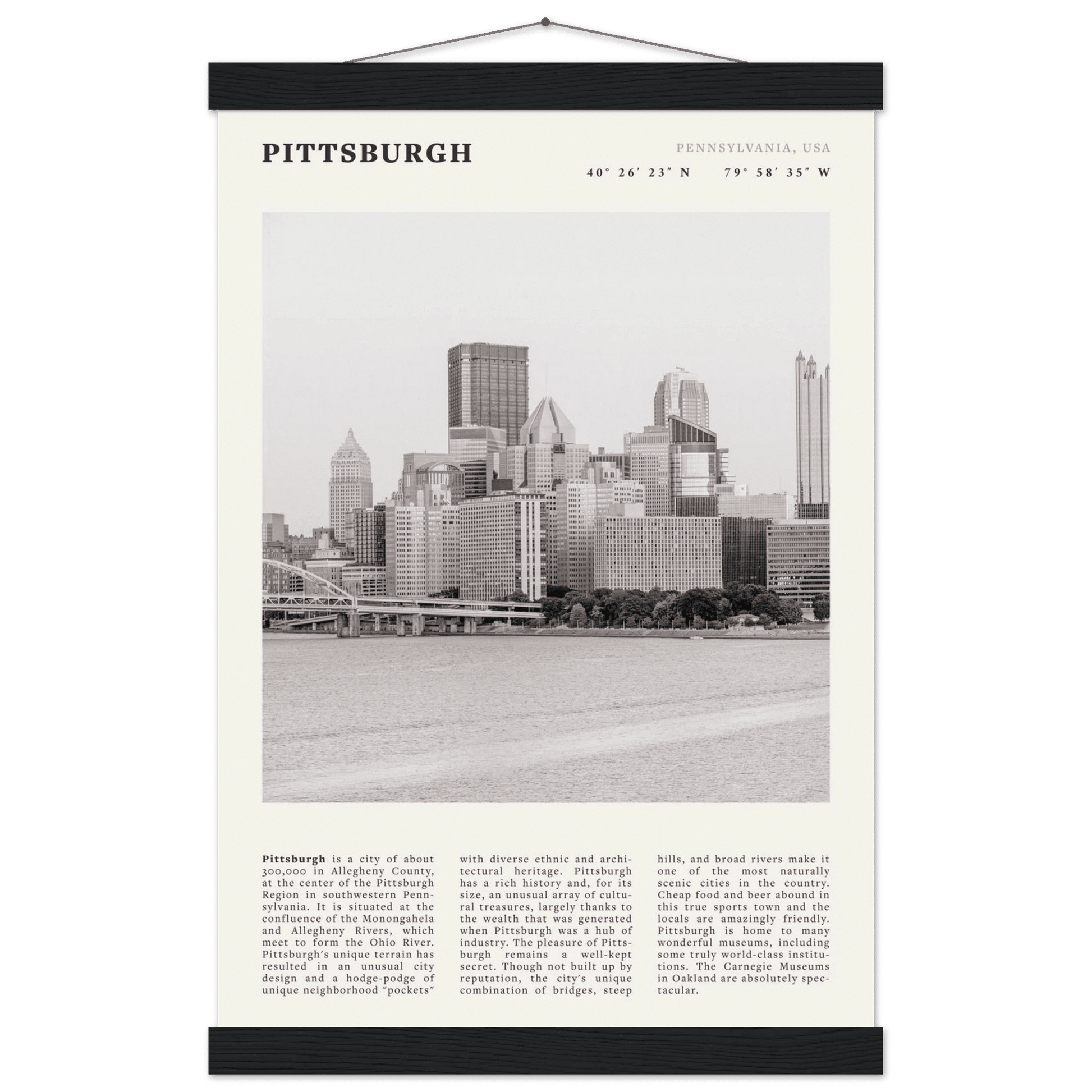 Pittsburgh Poster | Black & White Pennsylvania Skyline Wall Art | PA Travel Print - Evergreen Posters