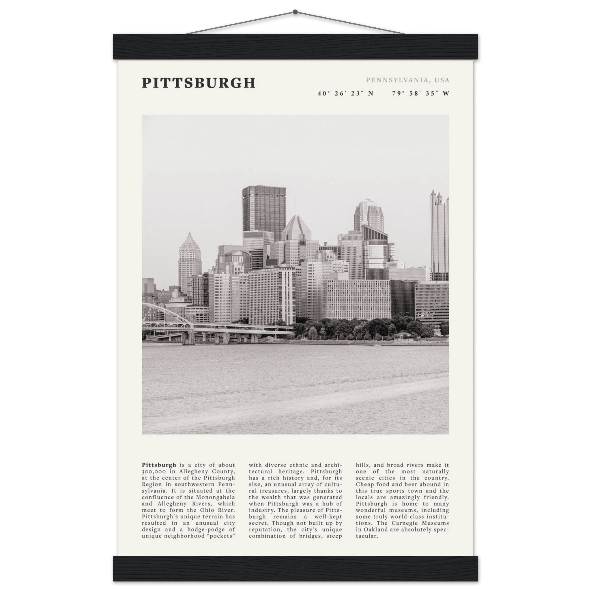 Pittsburgh Poster | Black & White Pennsylvania Skyline Wall Art | PA Travel Print - Evergreen Posters