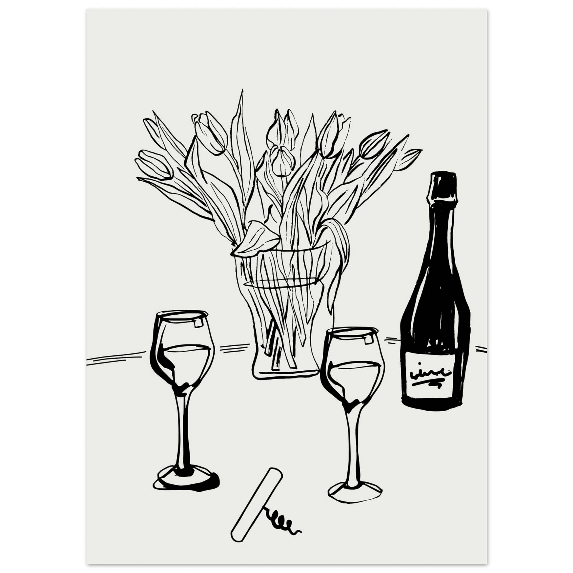 Wine & Tulips Print | Black Line Art Wine Bottle Wall Art | Minimalist Kitchen Poster - Evergreen Posters