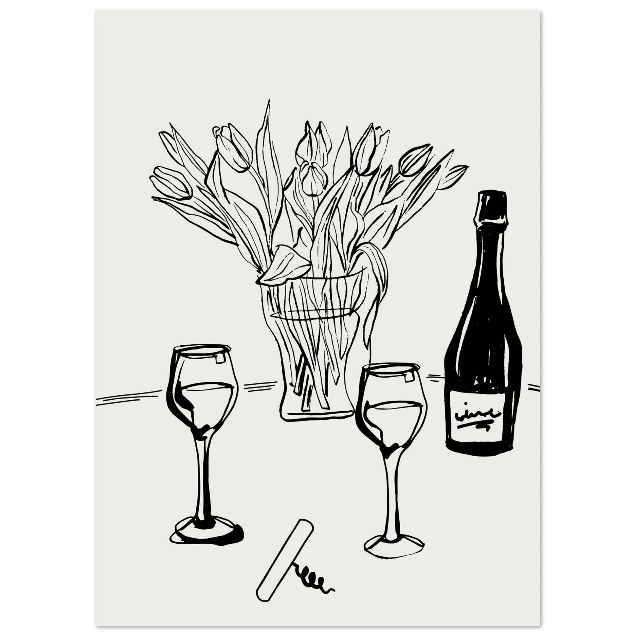 Wine & Tulips Print | Black Line Art Wine Bottle Wall Art | Minimalist Kitchen Poster - Evergreen Posters
