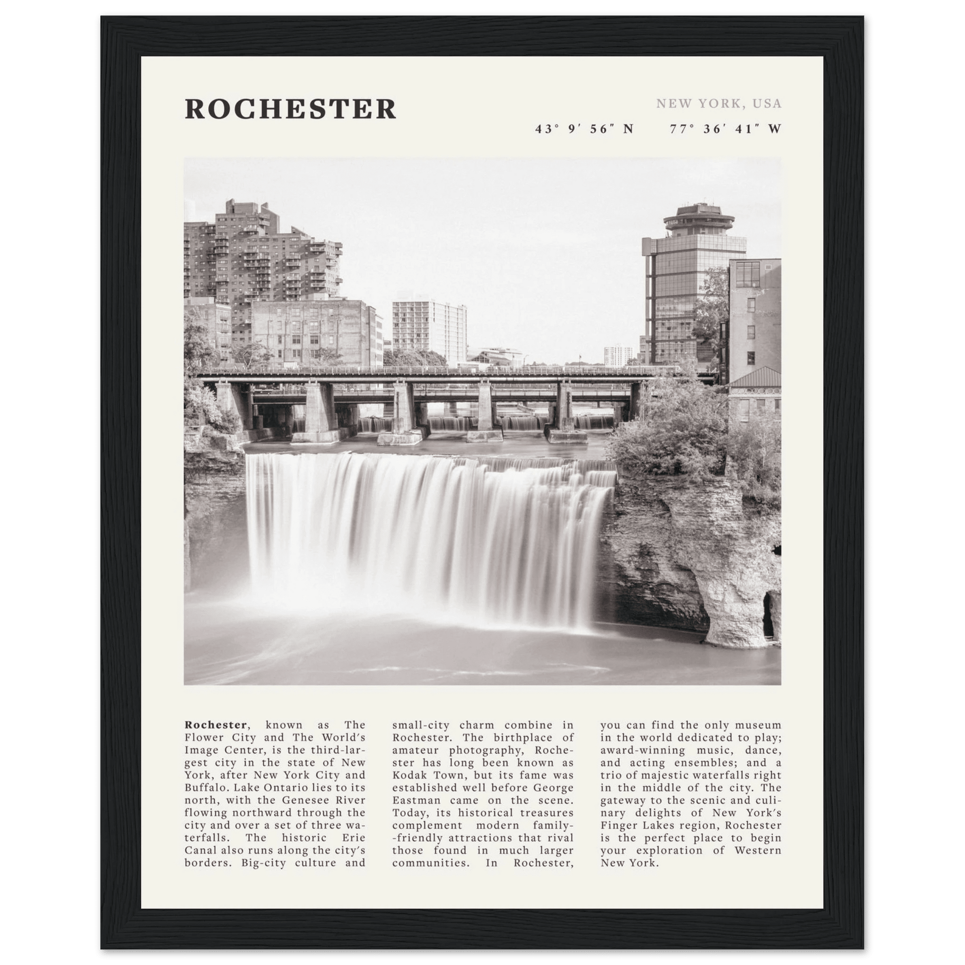 Rochester Poster | Black & White High Falls Wall Art | New York Travel Print - Evergreen Posters