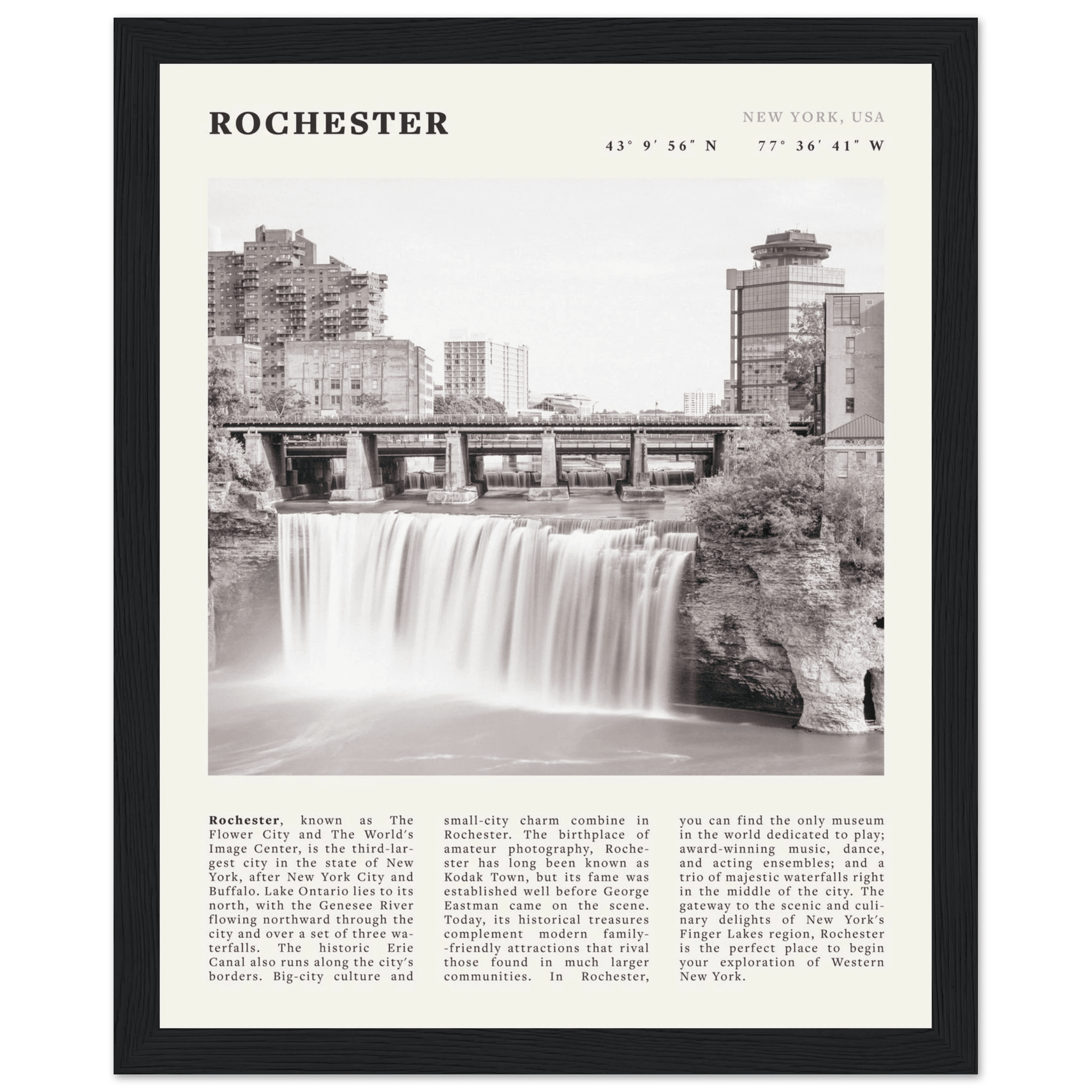 Rochester Poster | Black & White High Falls Wall Art | New York Travel Print - Evergreen Posters