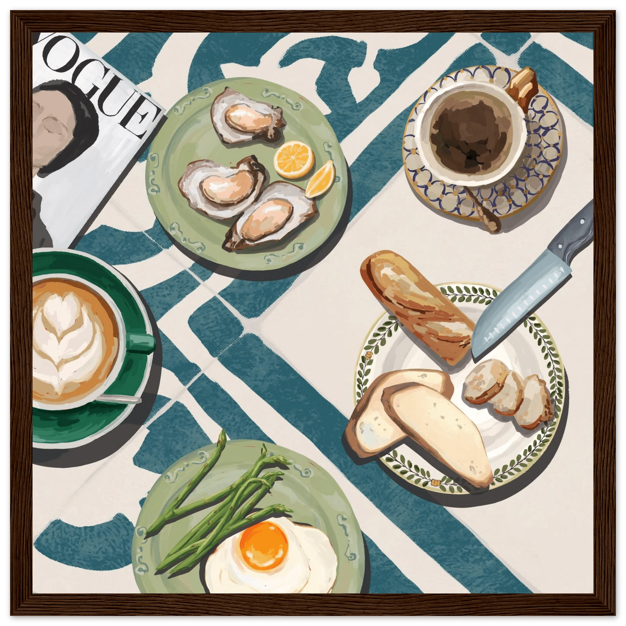 Oysters & Vogue Brunch Poster | Luxury Kitchen Wall Art | Blue Tile Square Print - Evergreen Posters - 8