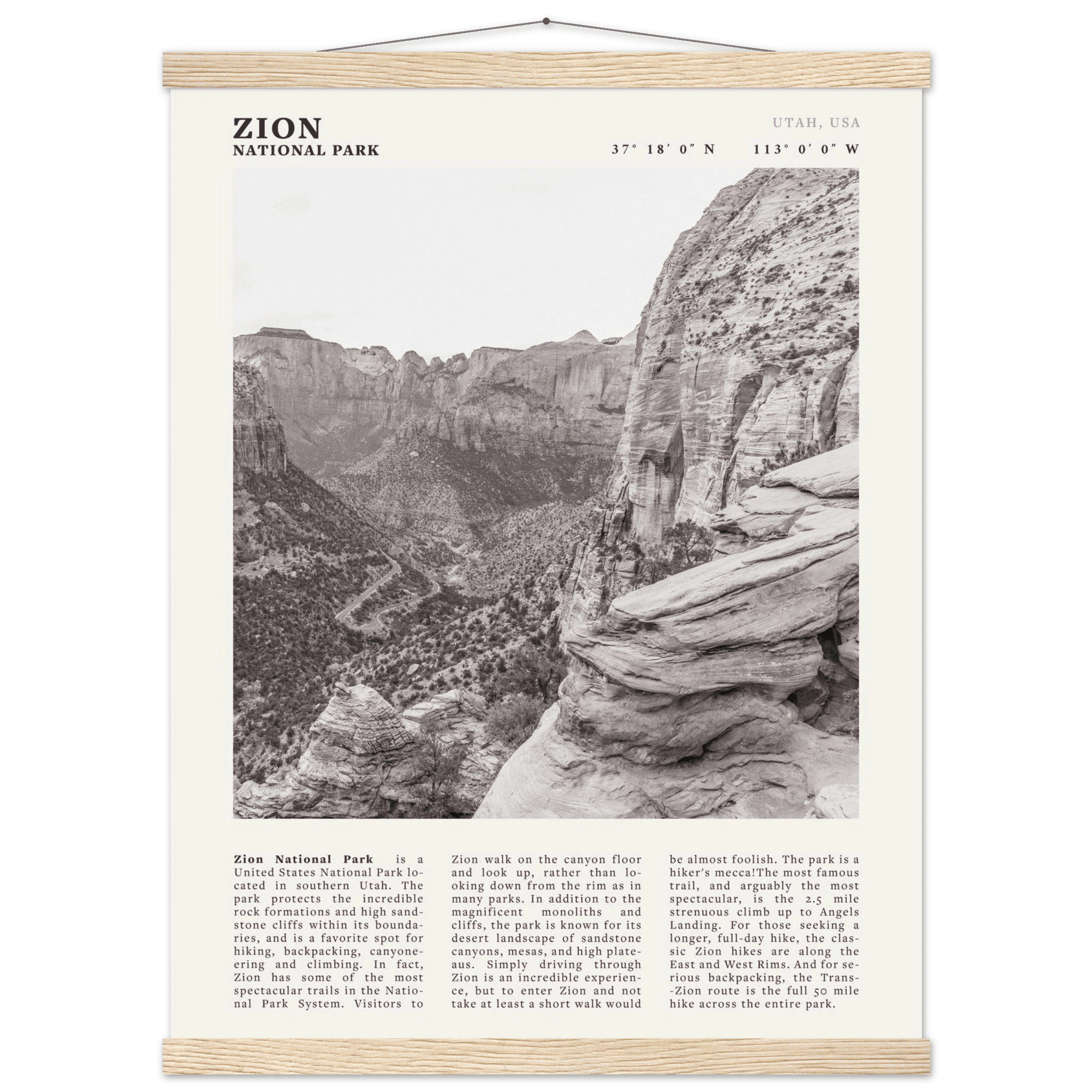 Zion National Park Poster | Black & White Utah Canyon Wall Art | USA Travel Print - Evergreen Posters