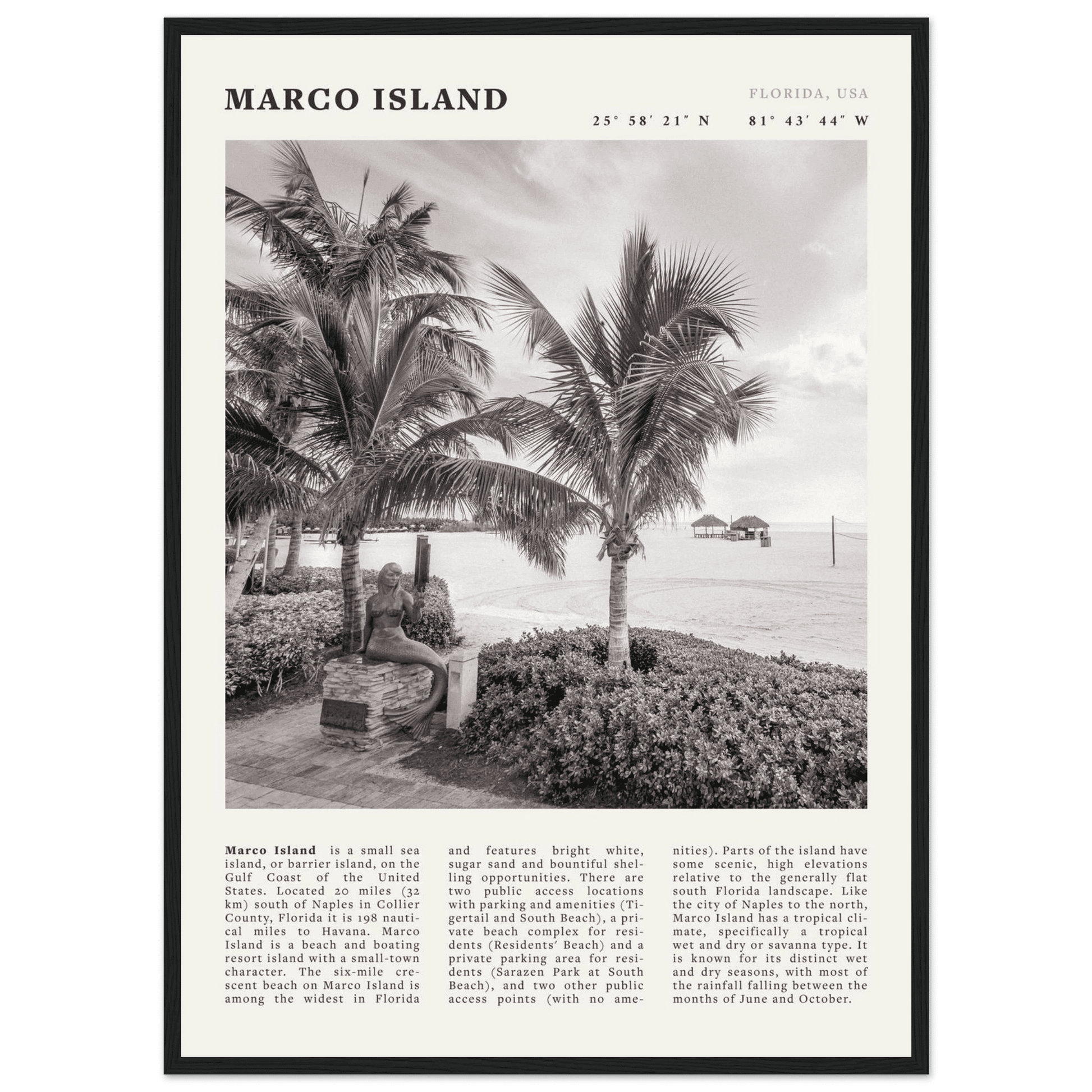 Marco Island Poster | Black & White Florida Beach Wall Art | Coastal Travel Print - Evergreen Posters