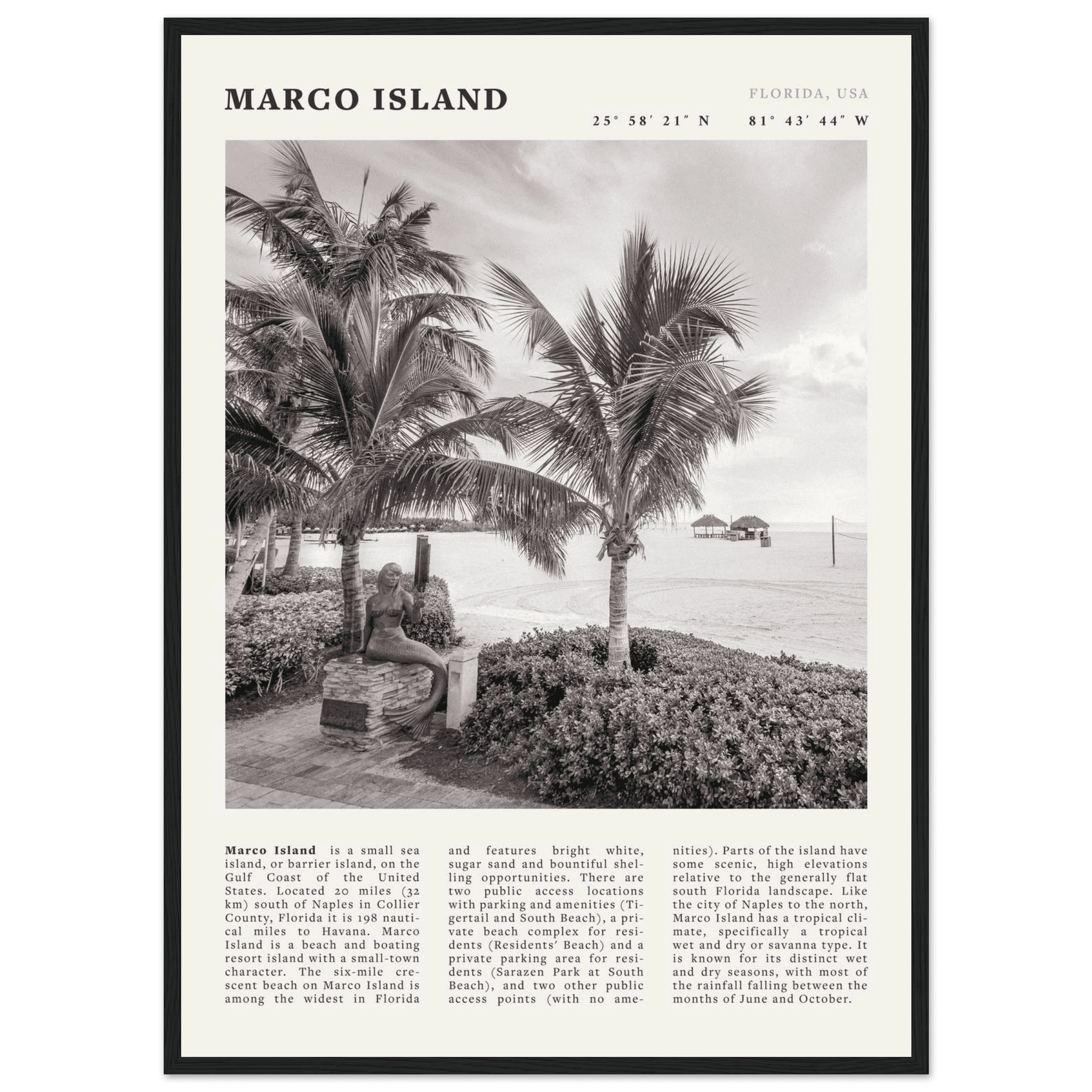 Marco Island Poster | Black & White Florida Beach Wall Art | Coastal Travel Print - Evergreen Posters