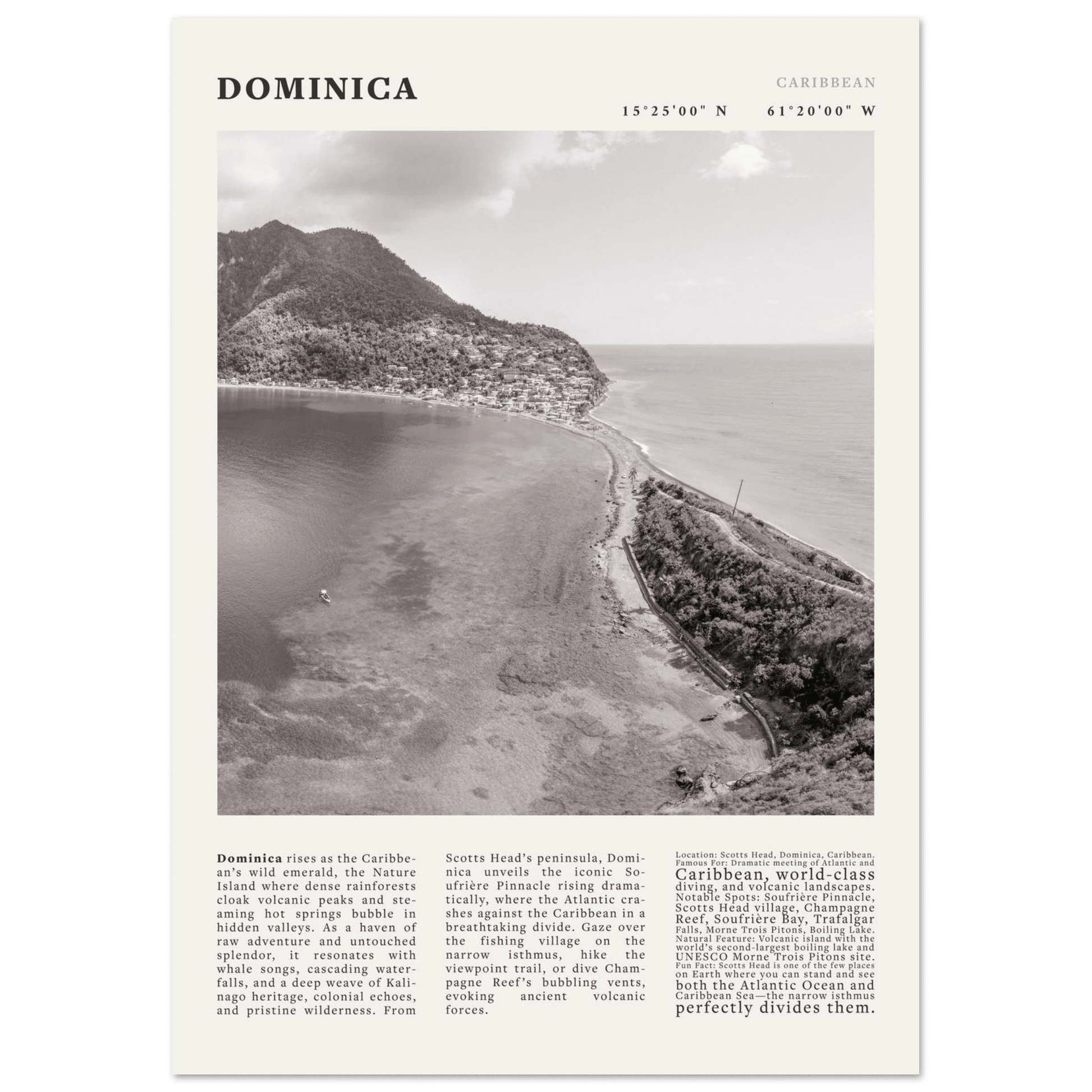 Dominica Poster Black and White – Vintage Caribbean Rainforest Island Print (Digital & Printed Options) - Evergreen Posters