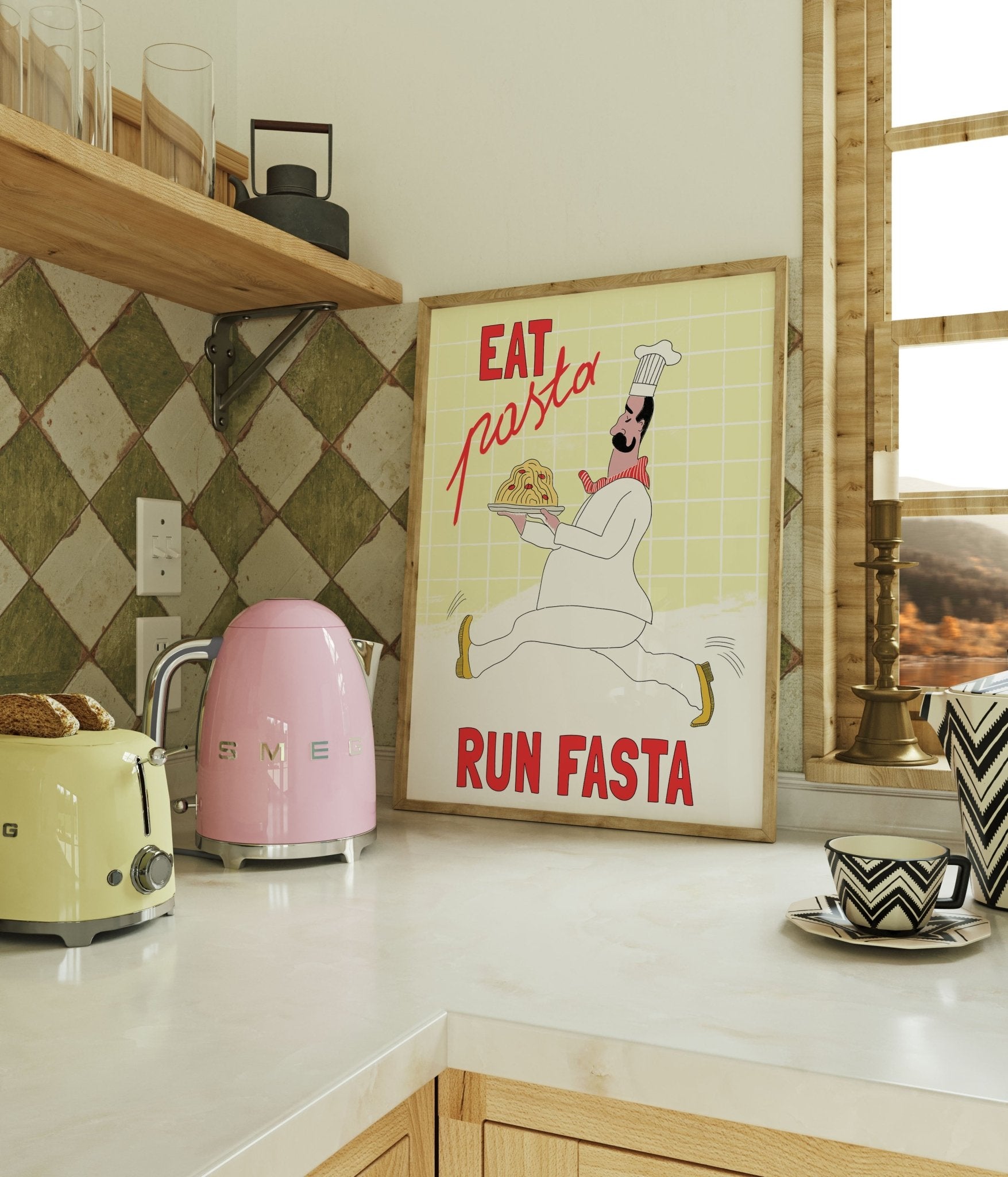 Eat Pasta Run Fasta Poster – Playful Kitchen Wall Art Print (Digital & Printed Options) - Evergreen Posters