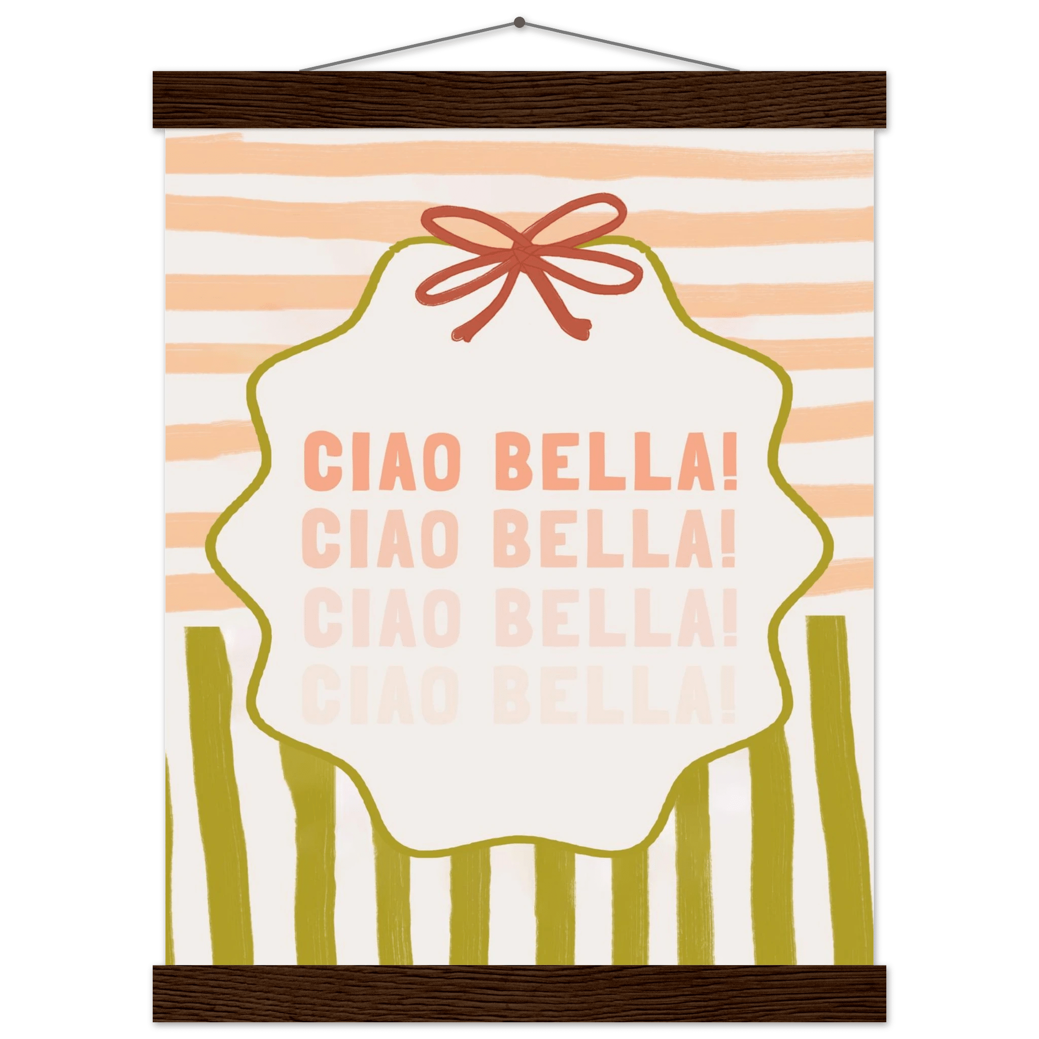 Ciao Bella Poster | Italian Typography Wall Art | Retro Stripe Bow Print | Cute Room Decor - Evergreen Posters