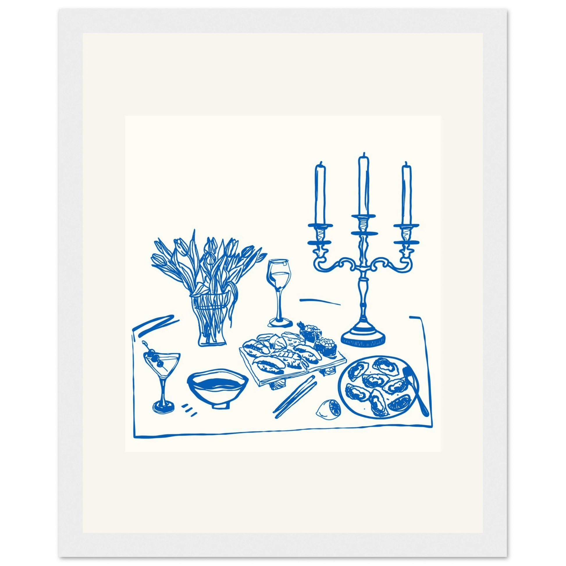 Fine Dining Table Print | Blue Line Art Kitchen Wall Art | Elegant Dining Room Poster - Evergreen Posters
