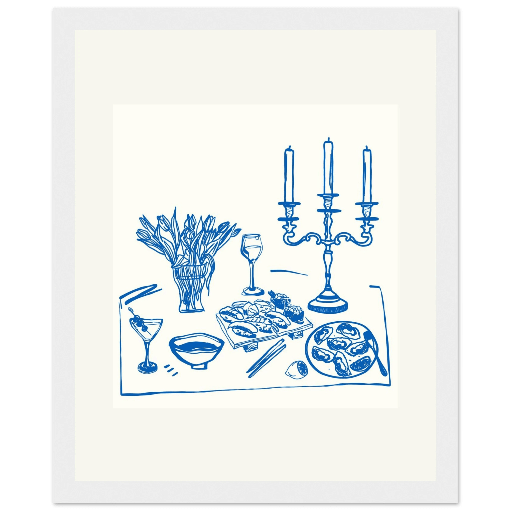 Fine Dining Table Print | Blue Line Art Kitchen Wall Art | Elegant Dining Room Poster - Evergreen Posters