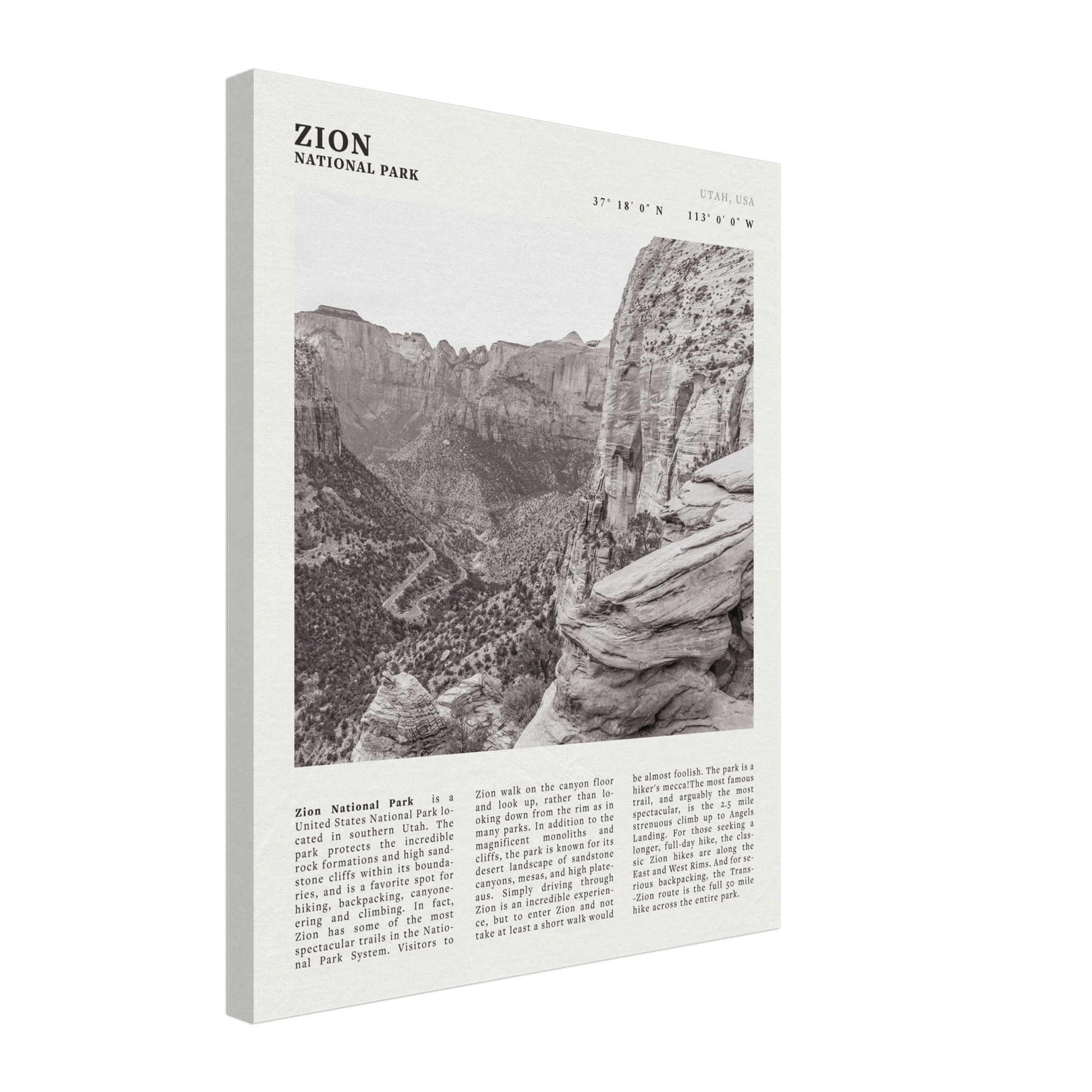 Zion National Park Poster | Black & White Utah Canyon Wall Art | USA Travel Print - Evergreen Posters