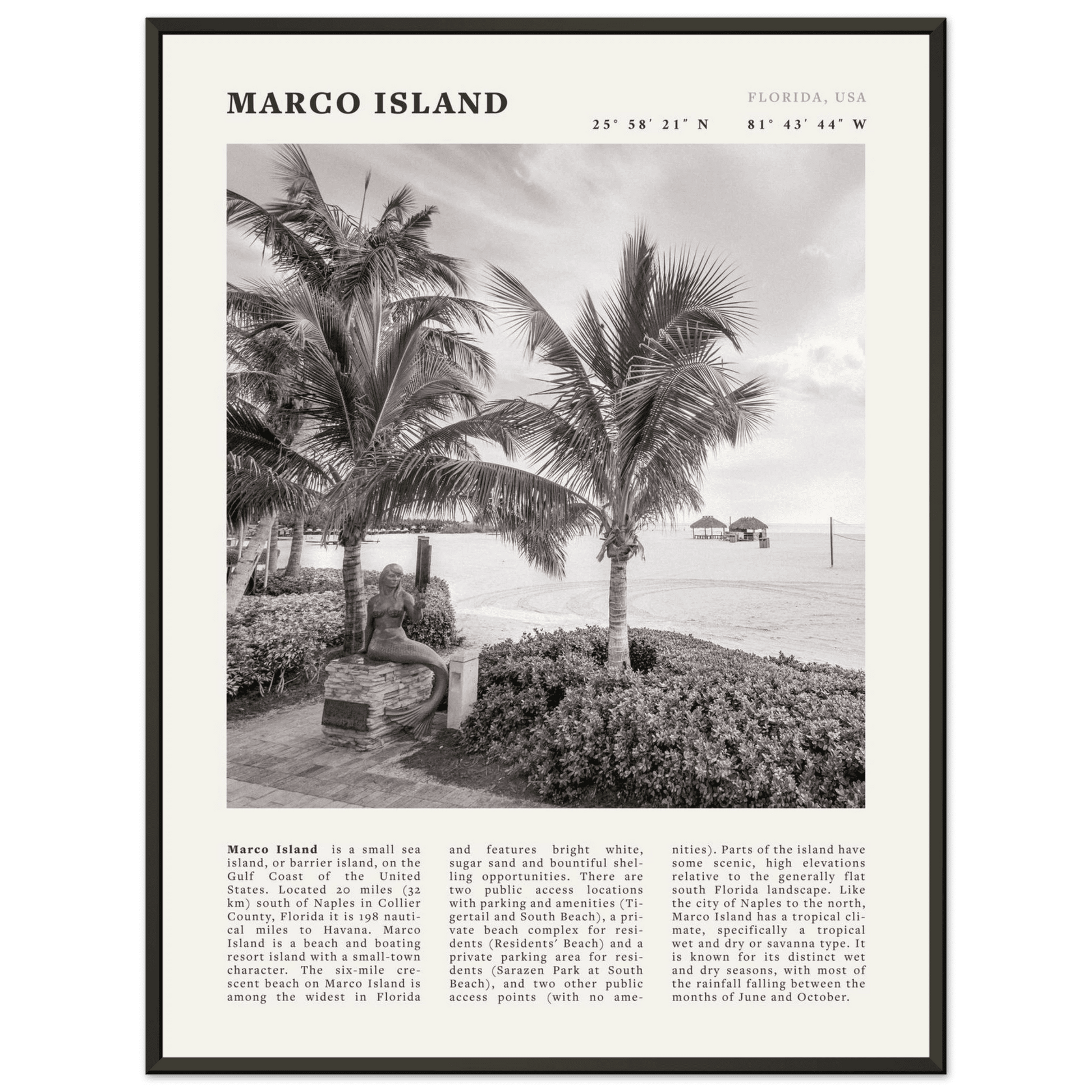 Marco Island Poster | Black & White Florida Beach Wall Art | Coastal Travel Print - Evergreen Posters
