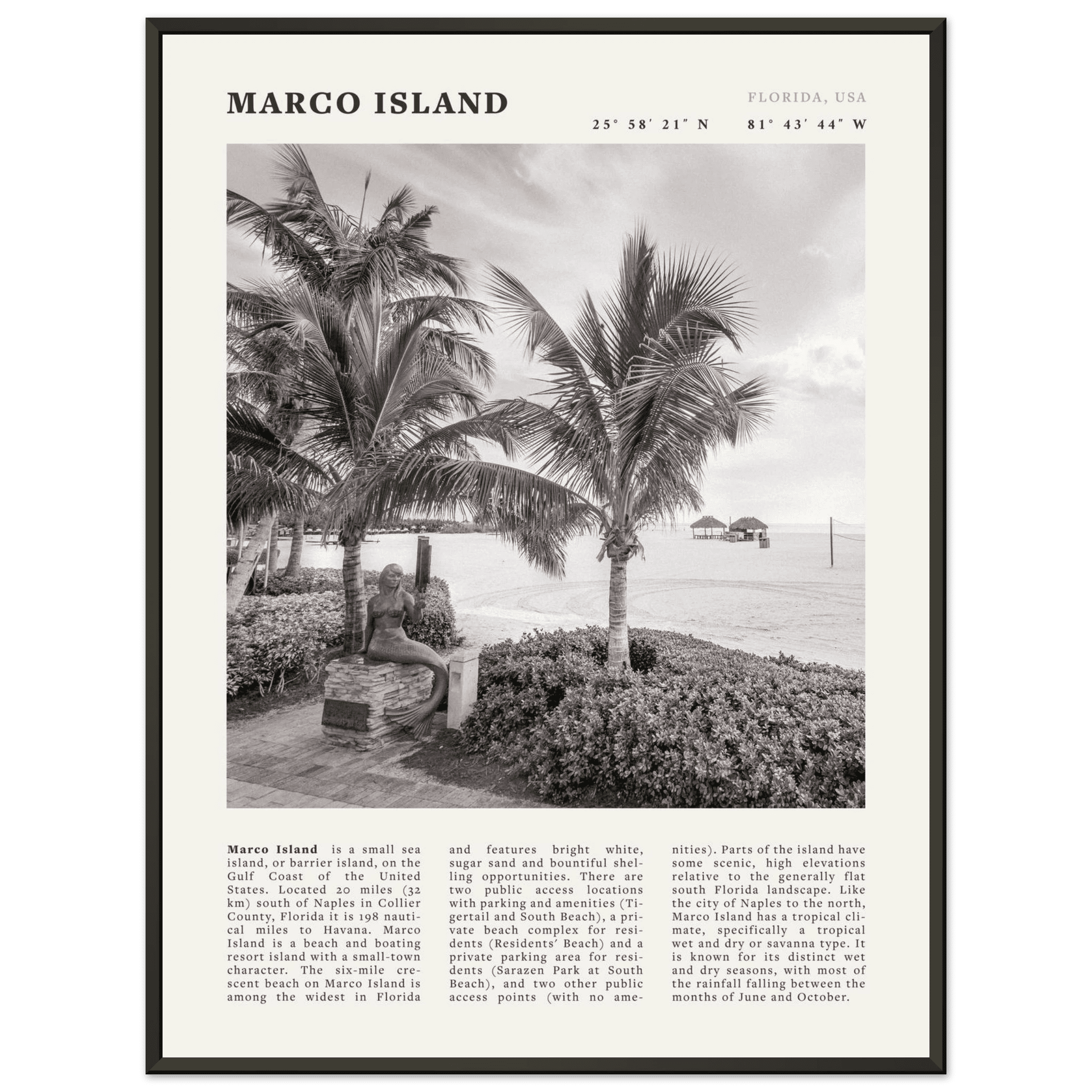 Marco Island Poster | Black & White Florida Beach Wall Art | Coastal Travel Print - Evergreen Posters