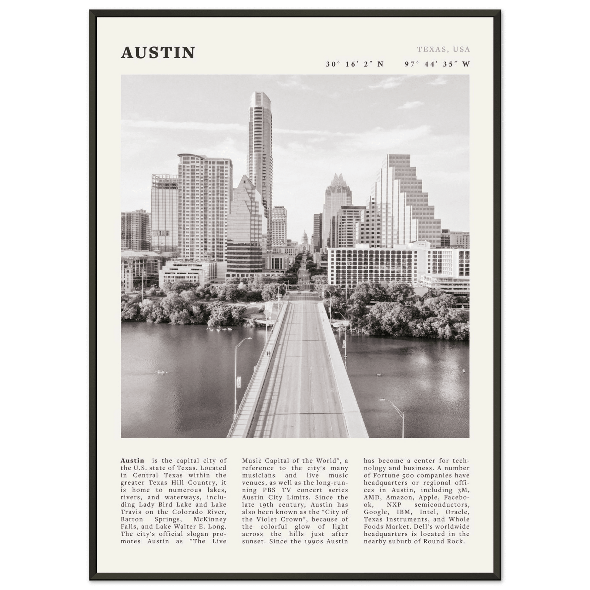 Austin Poster | Black & White Texas Skyline Wall Art | City Travel Print Decor - Evergreen Posters