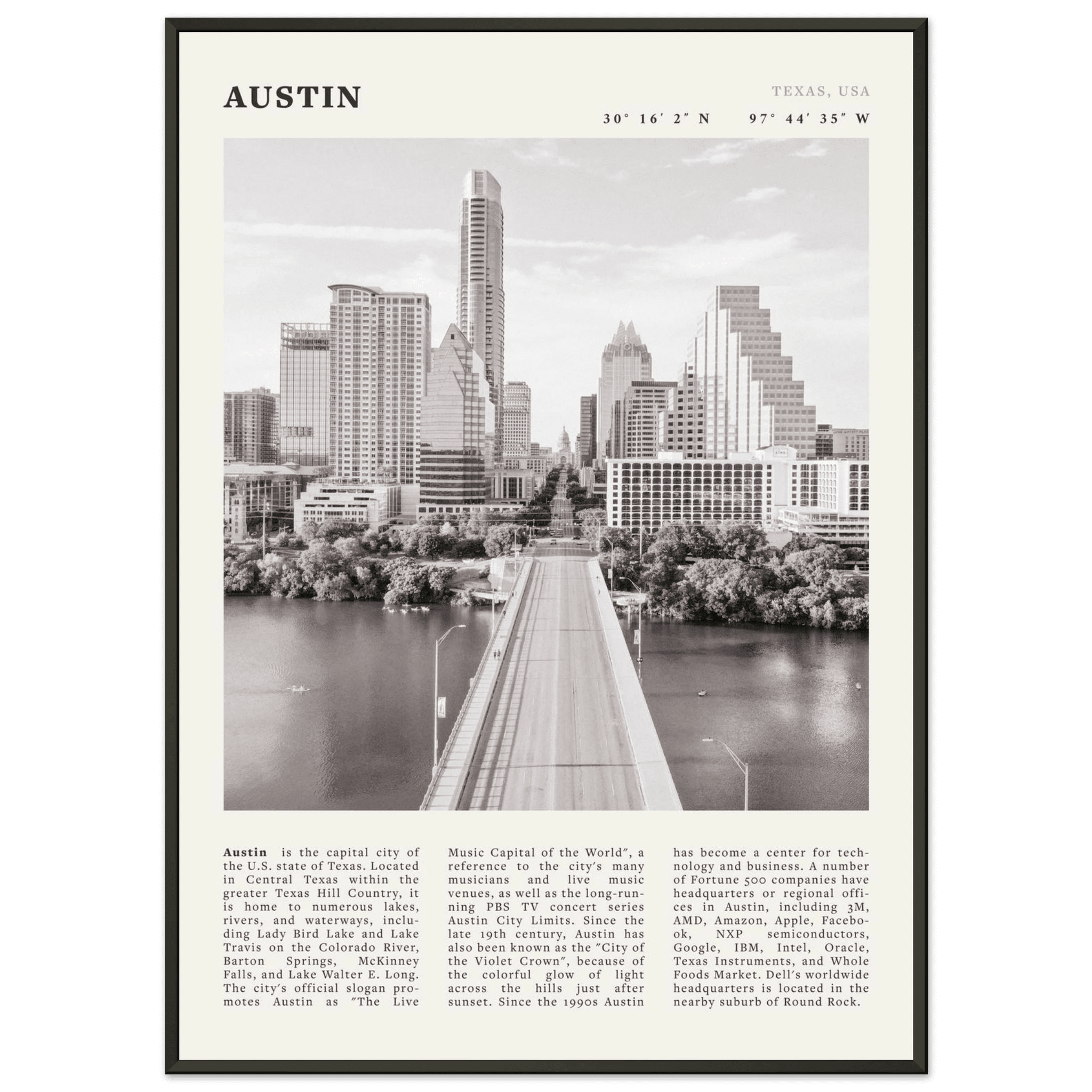 Austin Poster | Black & White Texas Skyline Wall Art | City Travel Print Decor - Evergreen Posters