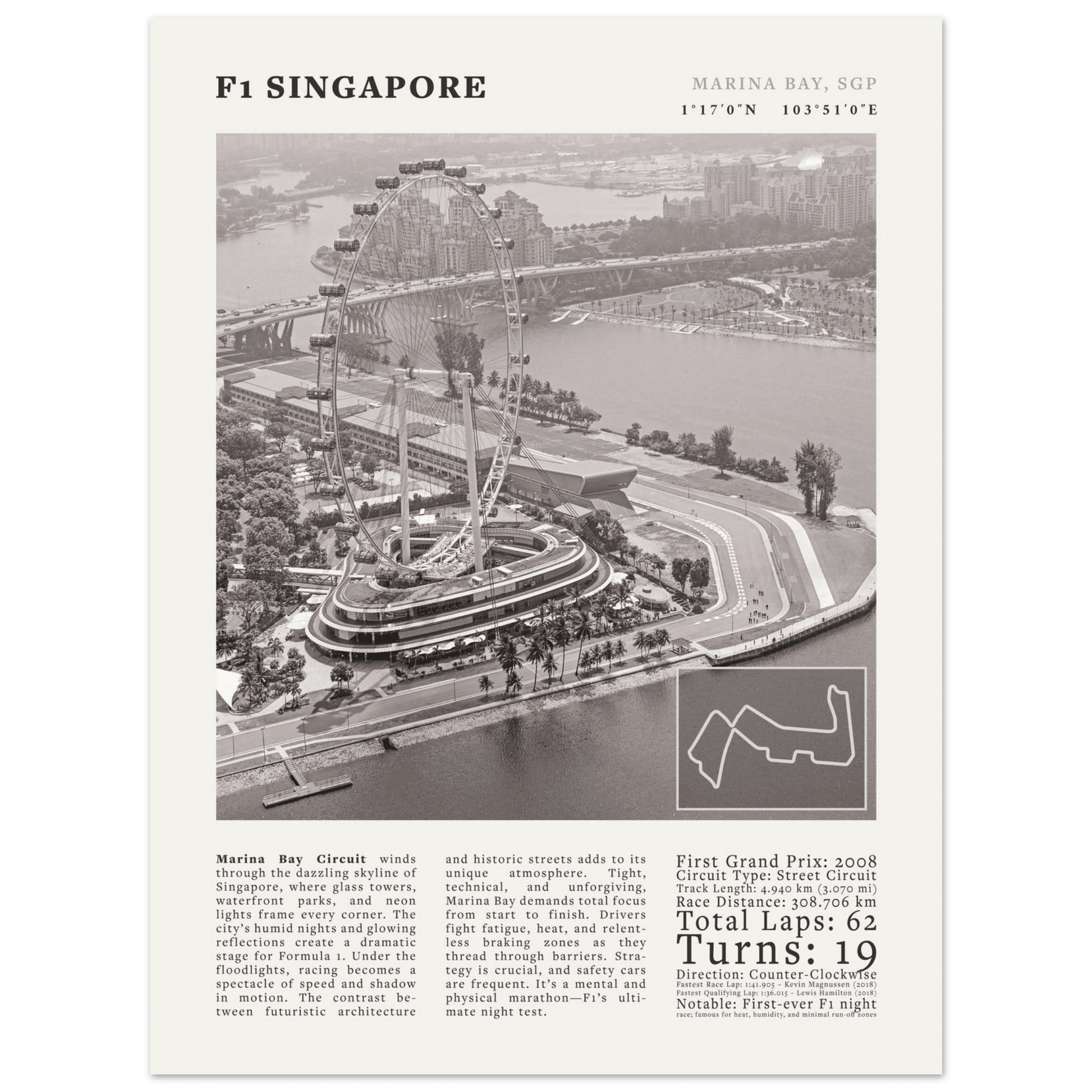 F1 Singapore Poster Black and White – Vintage Marina Bay Night Race Print (Digital & Printed Options) - Evergreen Posters