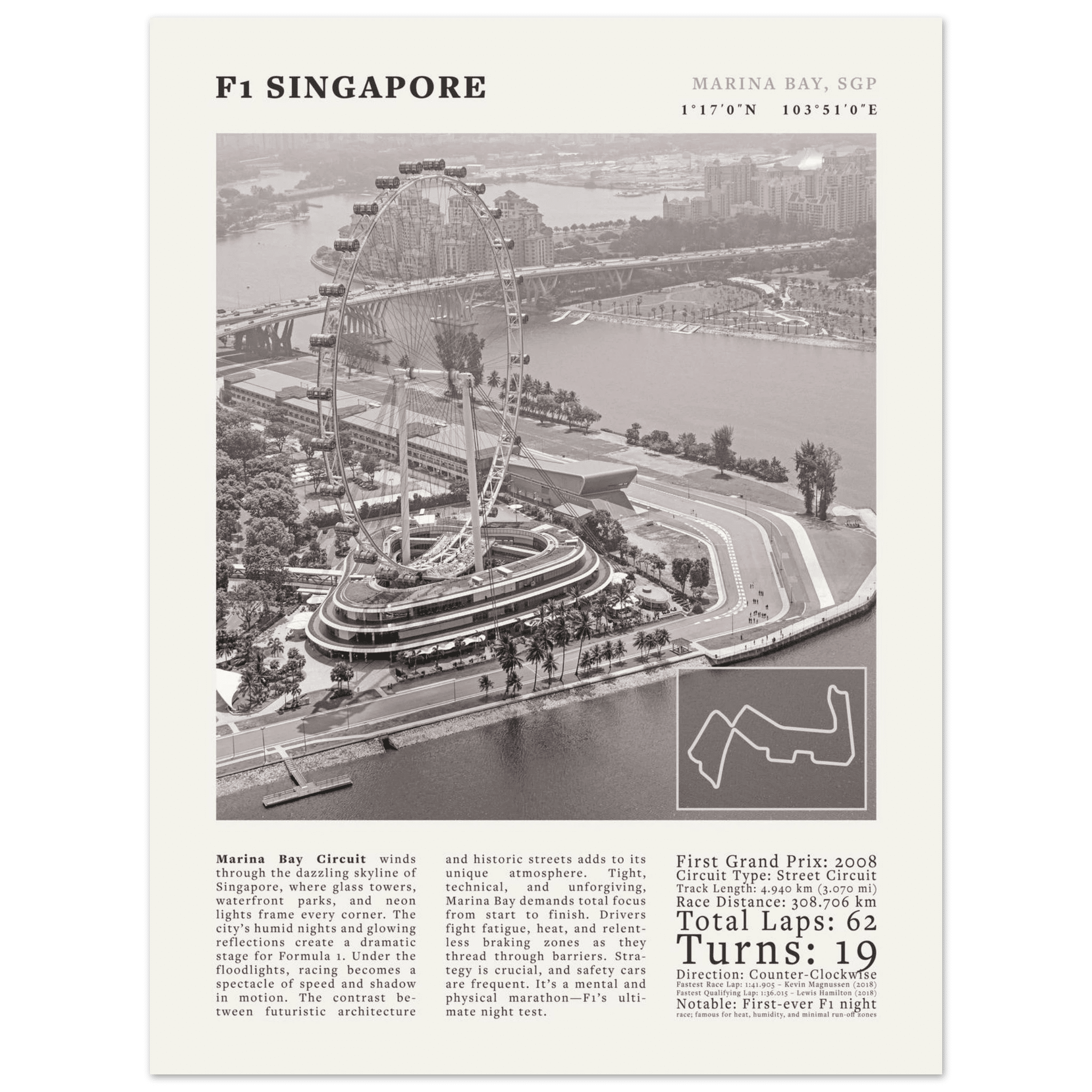 F1 Singapore Poster Black and White – Vintage Marina Bay Night Race Print (Digital & Printed Options) - Evergreen Posters