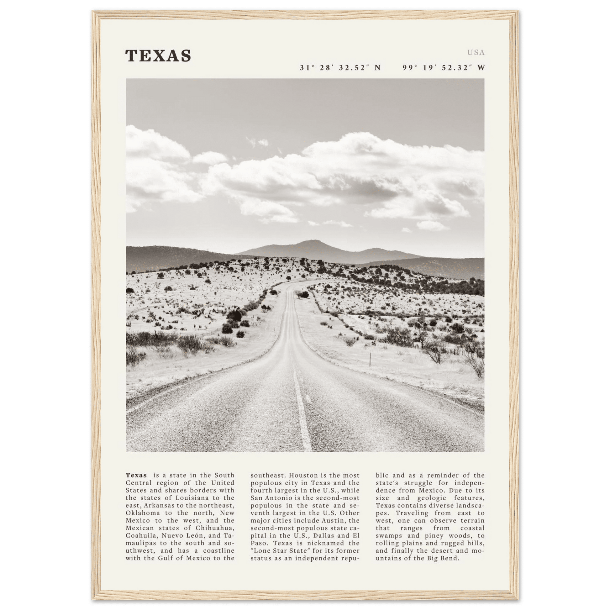 Texas Poster | Black & White Lone Star Road Wall Art | USA Travel Print Decor - Evergreen Posters