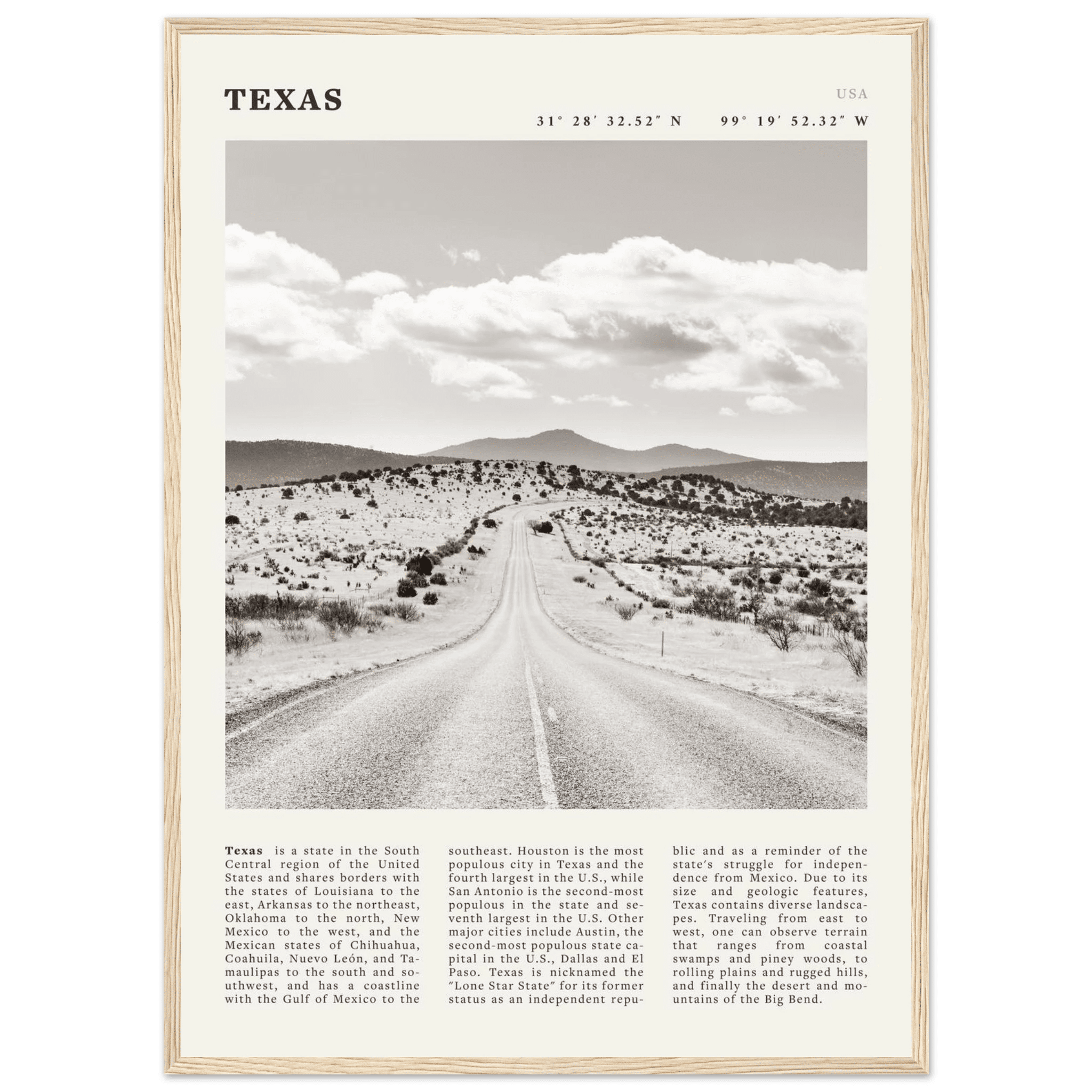 Texas Poster | Black & White Lone Star Road Wall Art | USA Travel Print Decor - Evergreen Posters