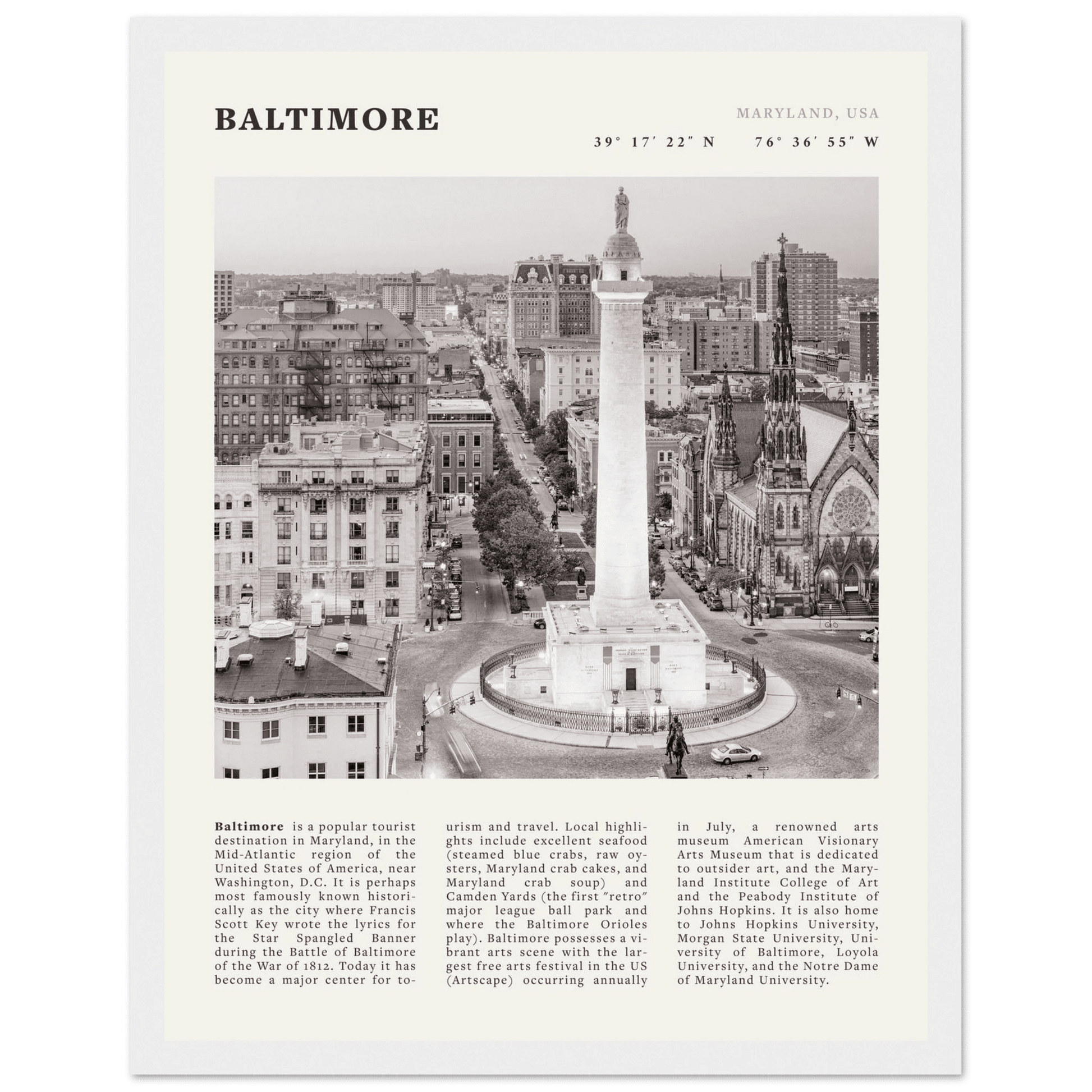 Baltimore Poster | Black & White Maryland City Wall Art | USA Travel Print - Evergreen Posters