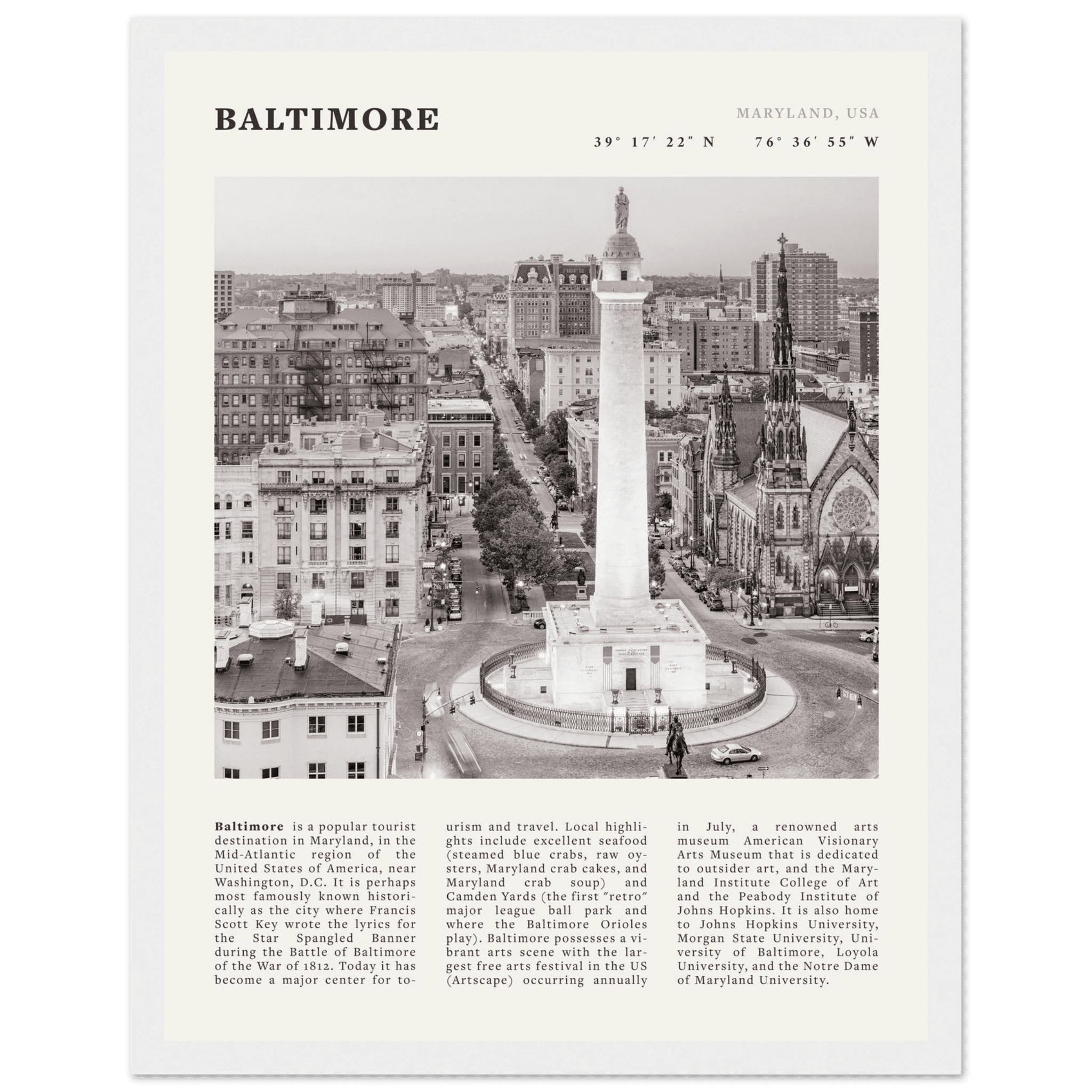 Baltimore Poster | Black & White Maryland City Wall Art | USA Travel Print - Evergreen Posters