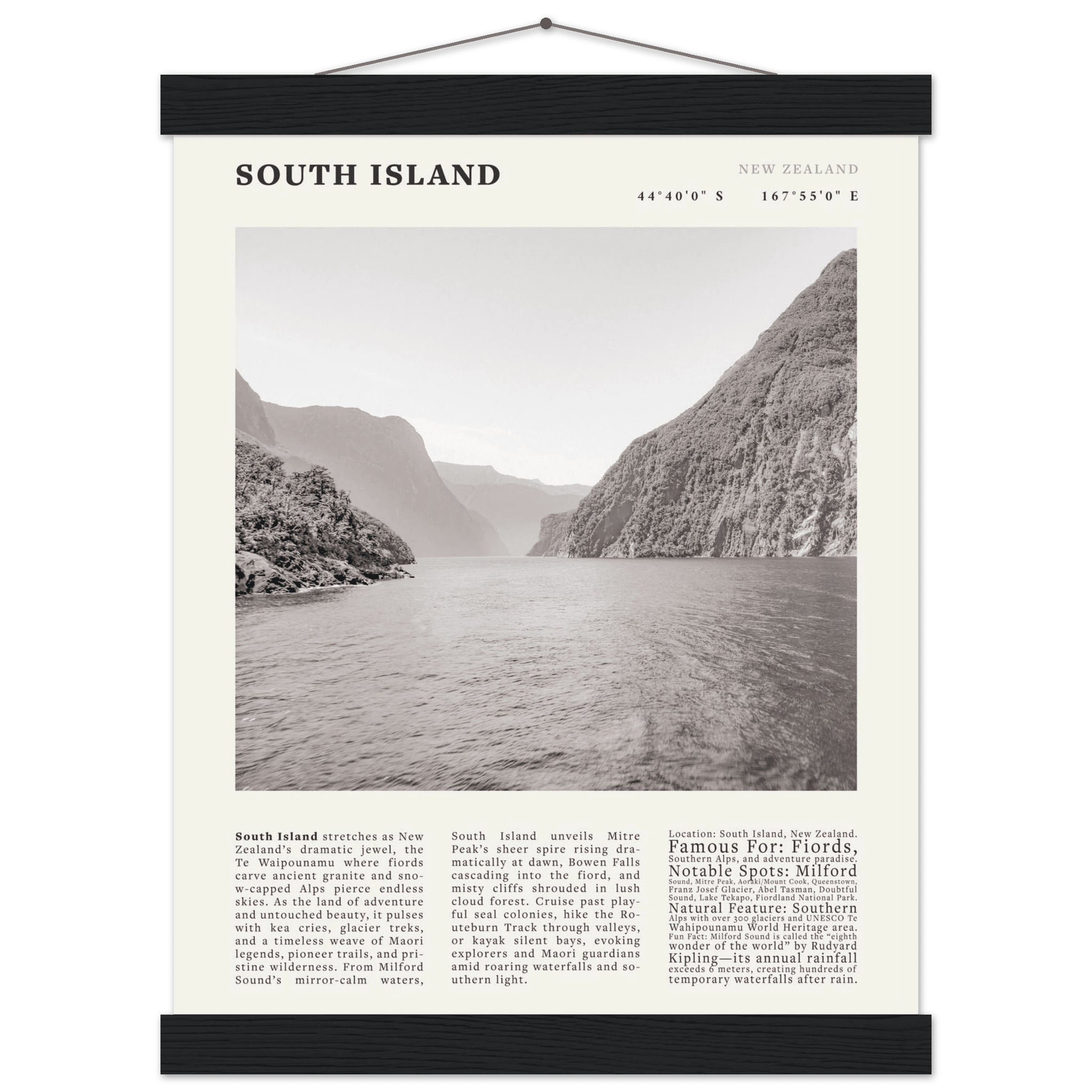 South Island New Zealand Poster Black and White – Vintage Milford Sound Fjord Print - Evergreen Posters