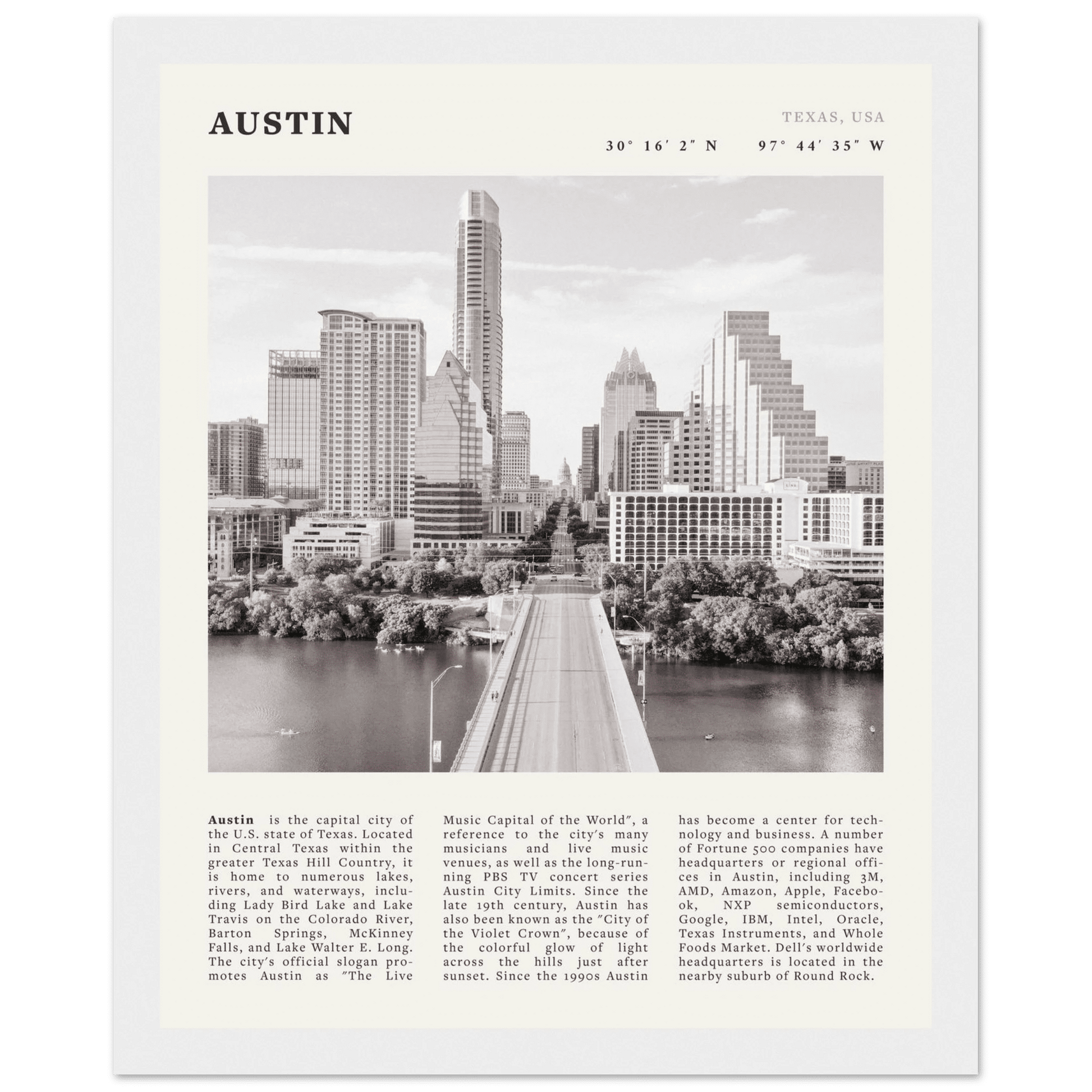Austin Poster | Black & White Texas Skyline Wall Art | City Travel Print Decor - Evergreen Posters