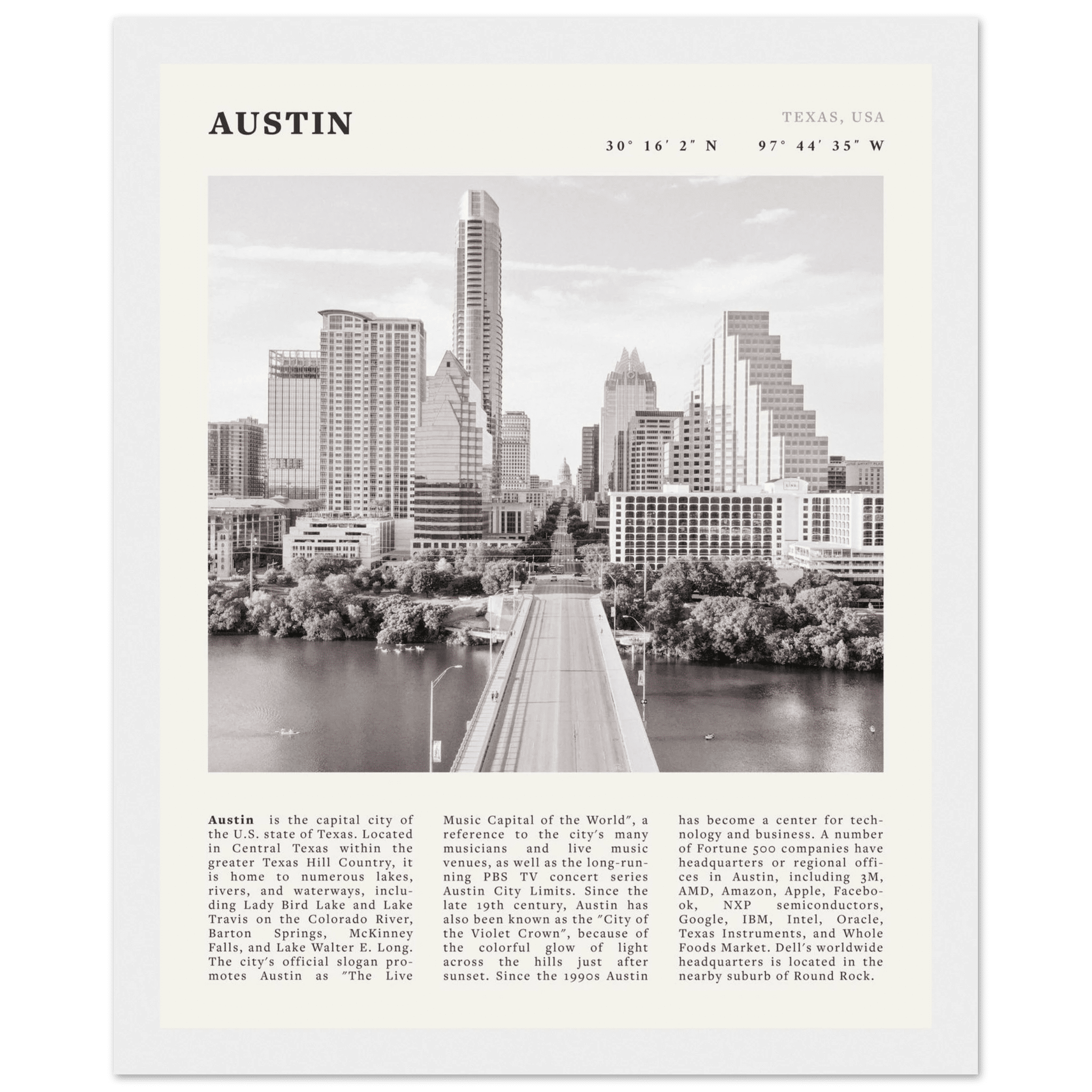 Austin Poster | Black & White Texas Skyline Wall Art | City Travel Print Decor - Evergreen Posters