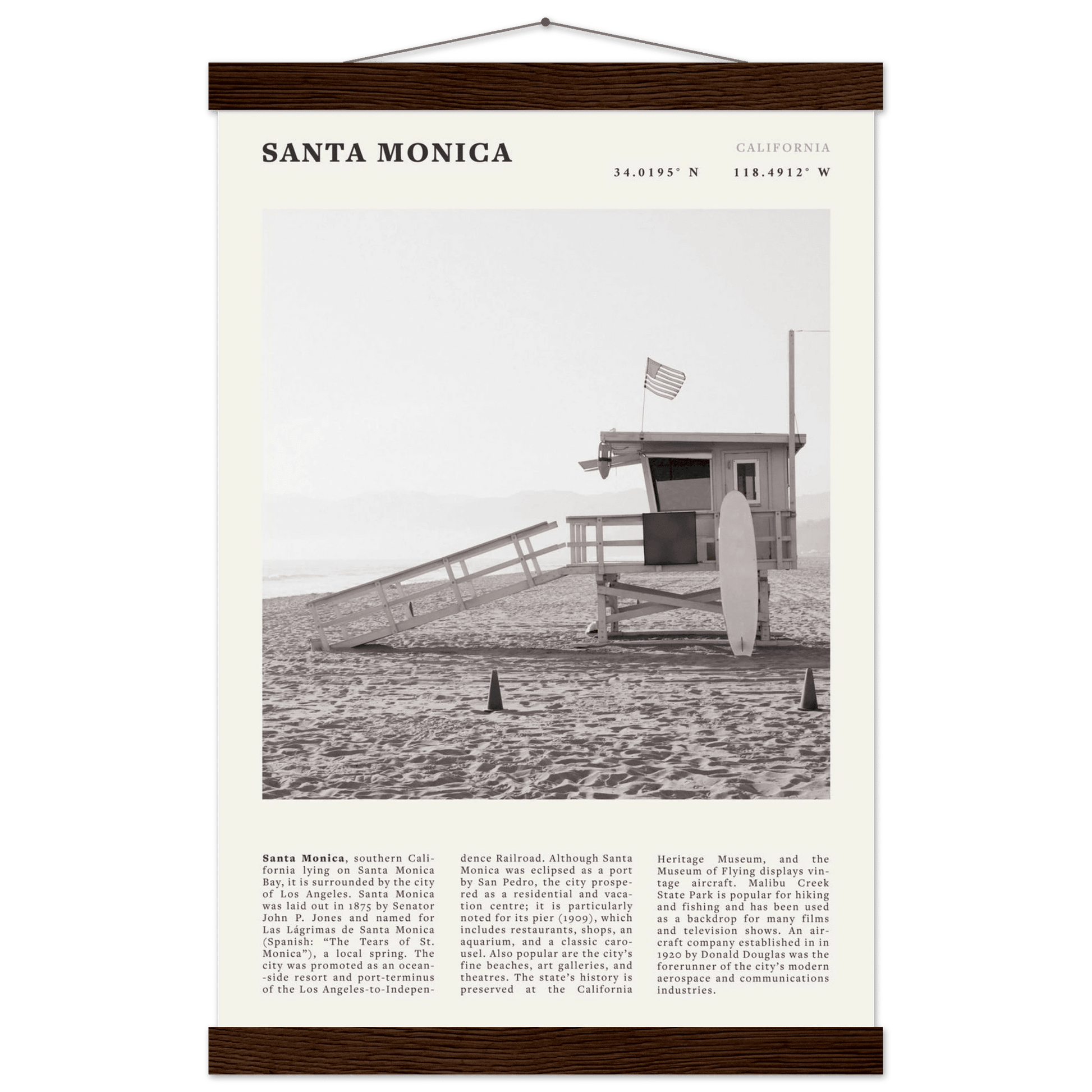 Santa Monica Poster | Black & White California Wall Art | Beach Travel Print | Coastal Decor - Evergreen Posters