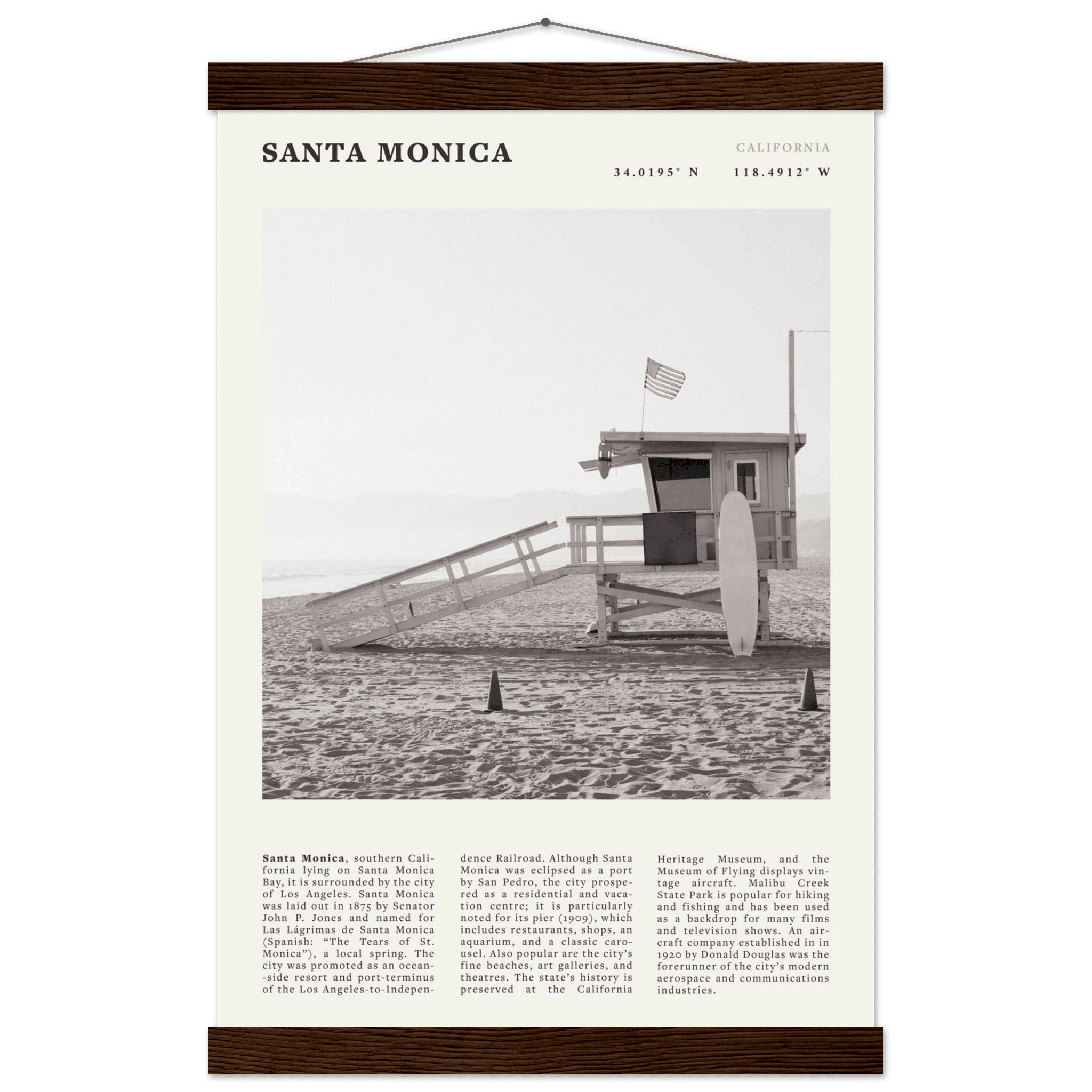 Santa Monica Poster | Black & White California Wall Art | Beach Travel Print | Coastal Decor - Evergreen Posters