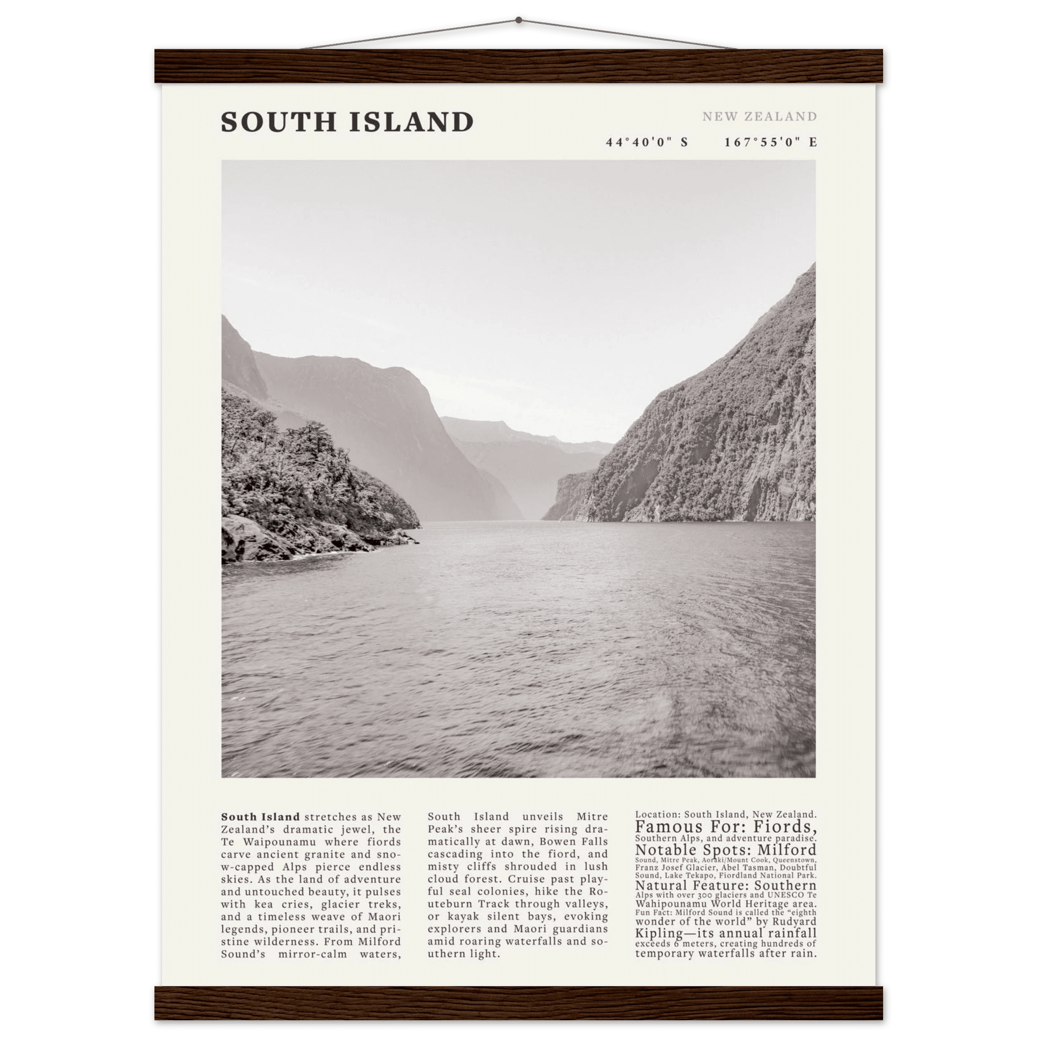 South Island New Zealand Poster Black and White – Vintage Milford Sound Fjord Print - Evergreen Posters