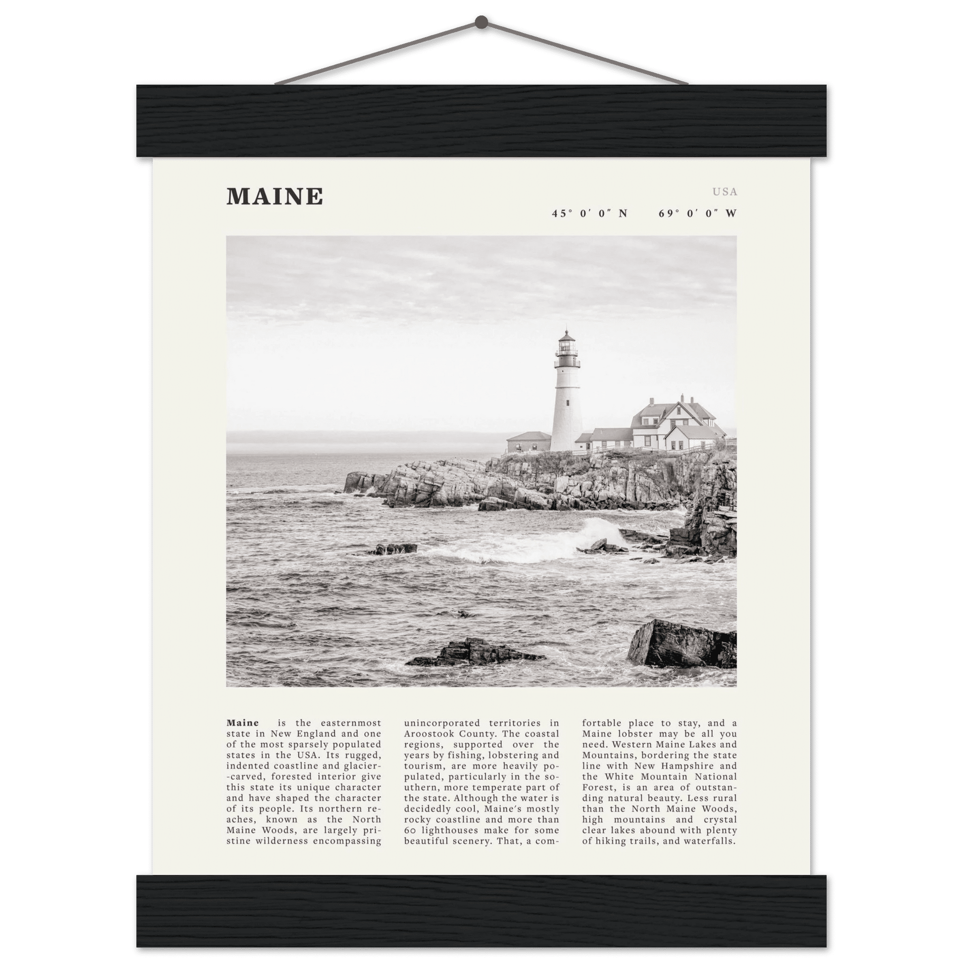 Maine Poster | Black & White Lighthouse Wall Art | New England Coastal Travel Print - Evergreen Posters