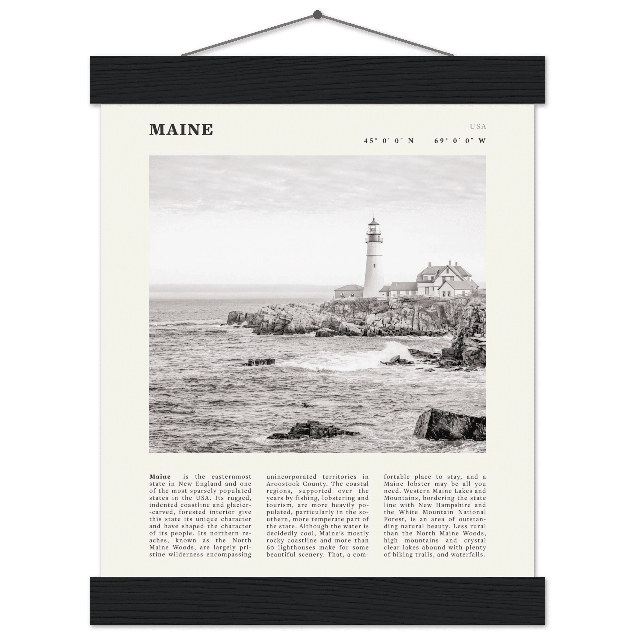 Maine Poster | Black & White Lighthouse Wall Art | New England Coastal Travel Print - Evergreen Posters