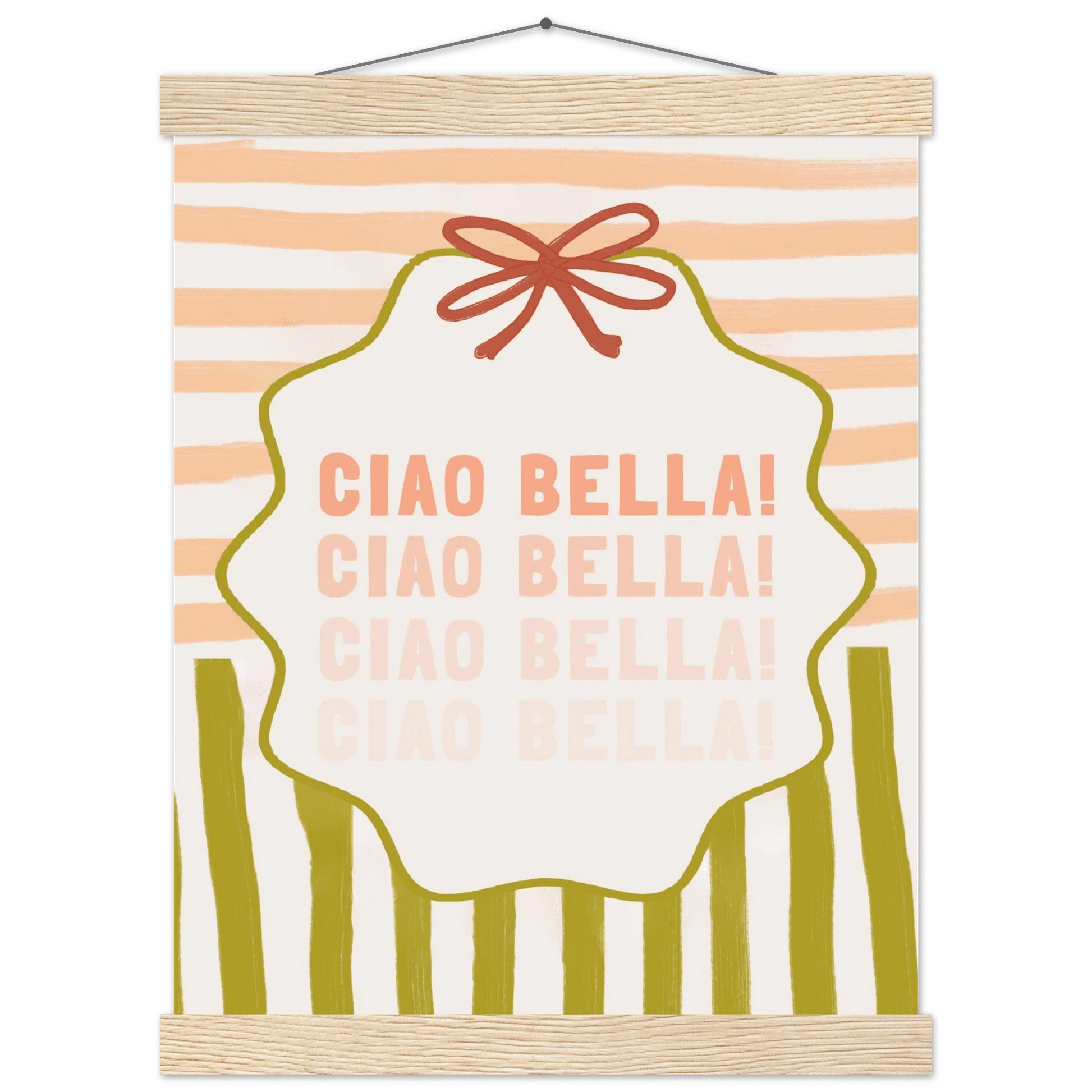 Ciao Bella Poster | Italian Typography Wall Art | Retro Stripe Bow Print | Cute Room Decor - Evergreen Posters
