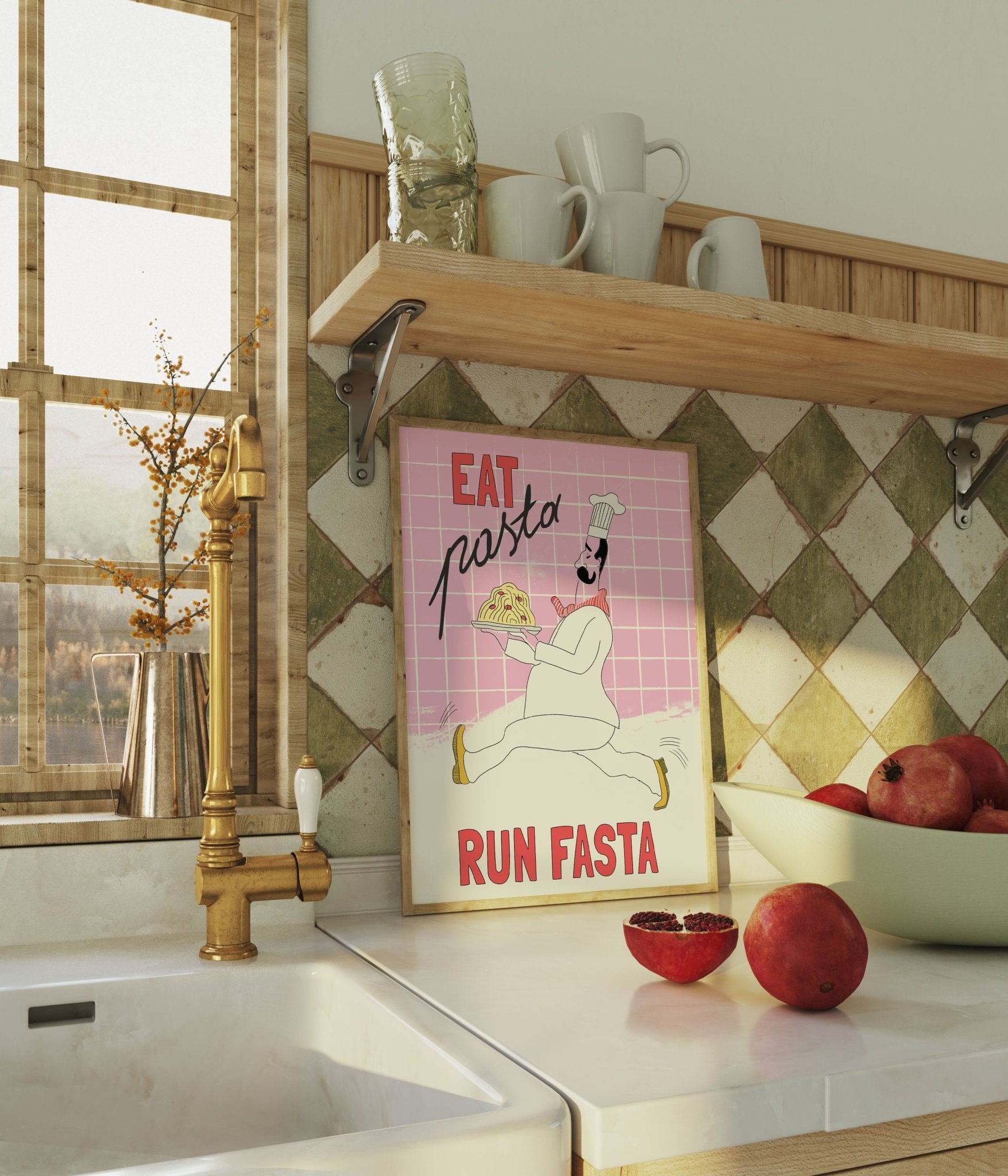 Eat Pasta Run Fasta Poster – Playful Kitchen Wall Art Print (Light Pink) - Evergreen Posters