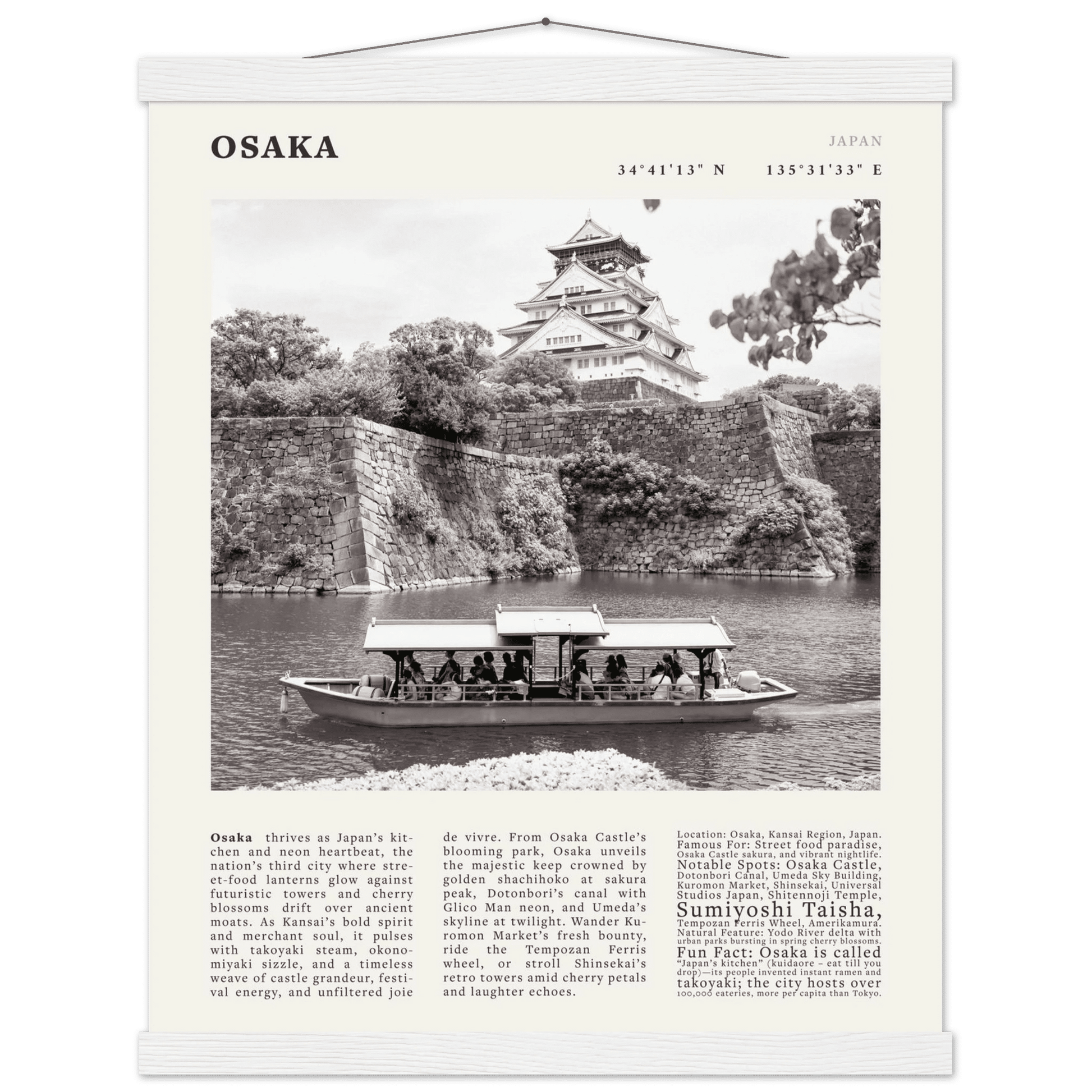 Osaka Poster Black and White – Vintage Osaka Castle Cherry Blossom Print (Digital & Printed Options) - Evergreen Posters